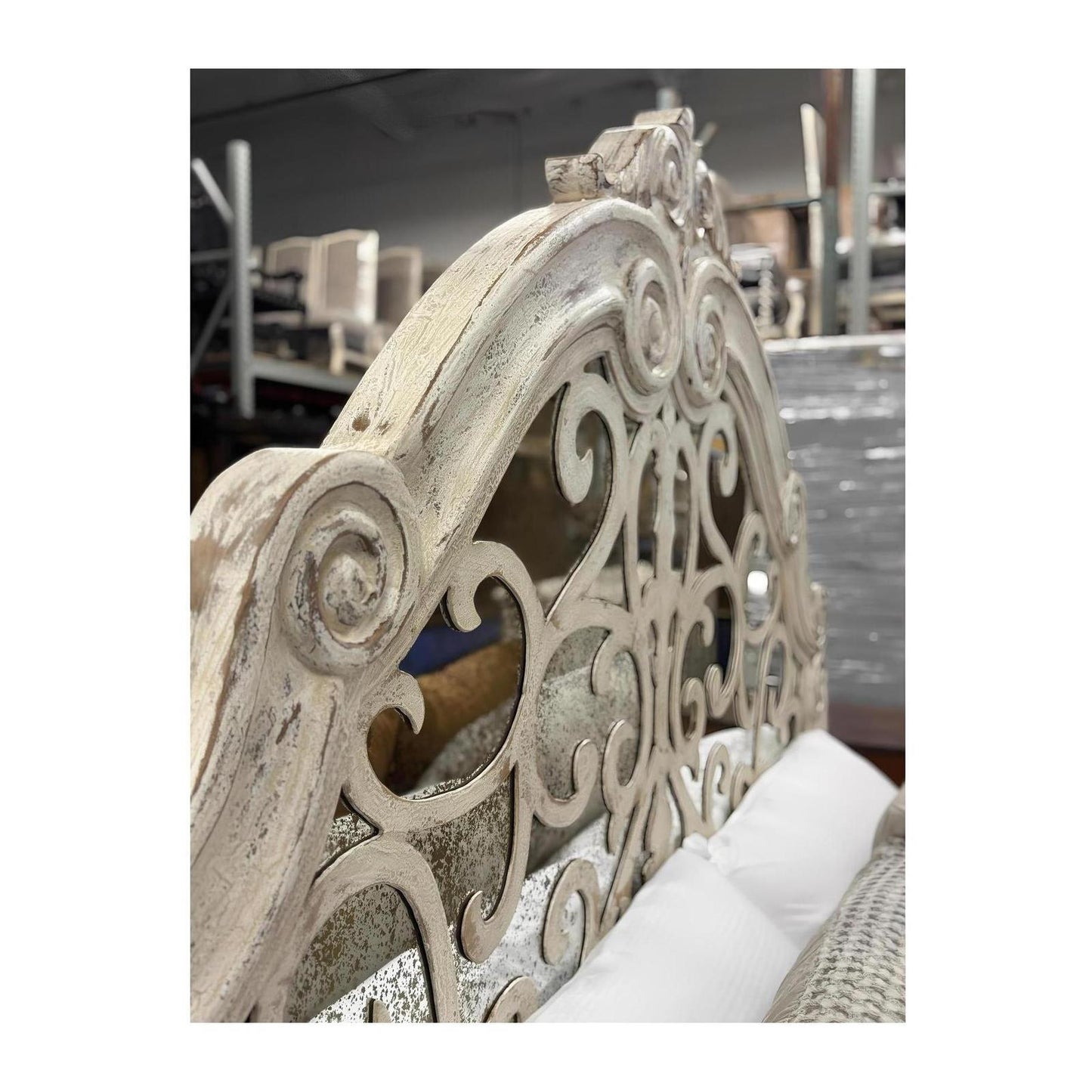 ALBA WAXED OFF WHITE BED 84.5" Tall | Luxury French European Style | Wooden Frame with Antique Mirror Details | Bed Only | Includes Delivery and Assembly