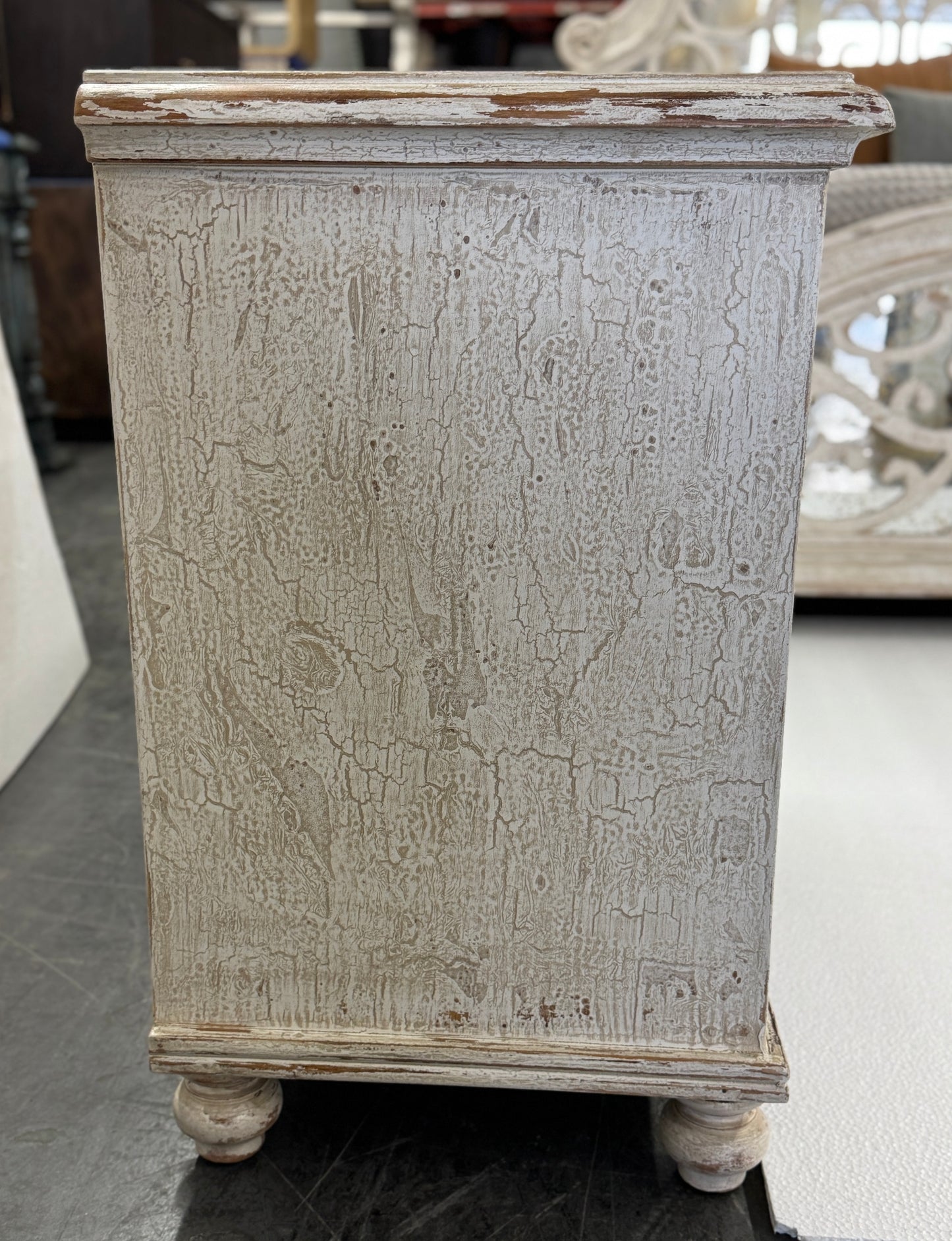 Eze Nightstand Chests (2-Pack), Distressed White, Rustic Scrollwork Glass Panels, Antique Pewter Hardware