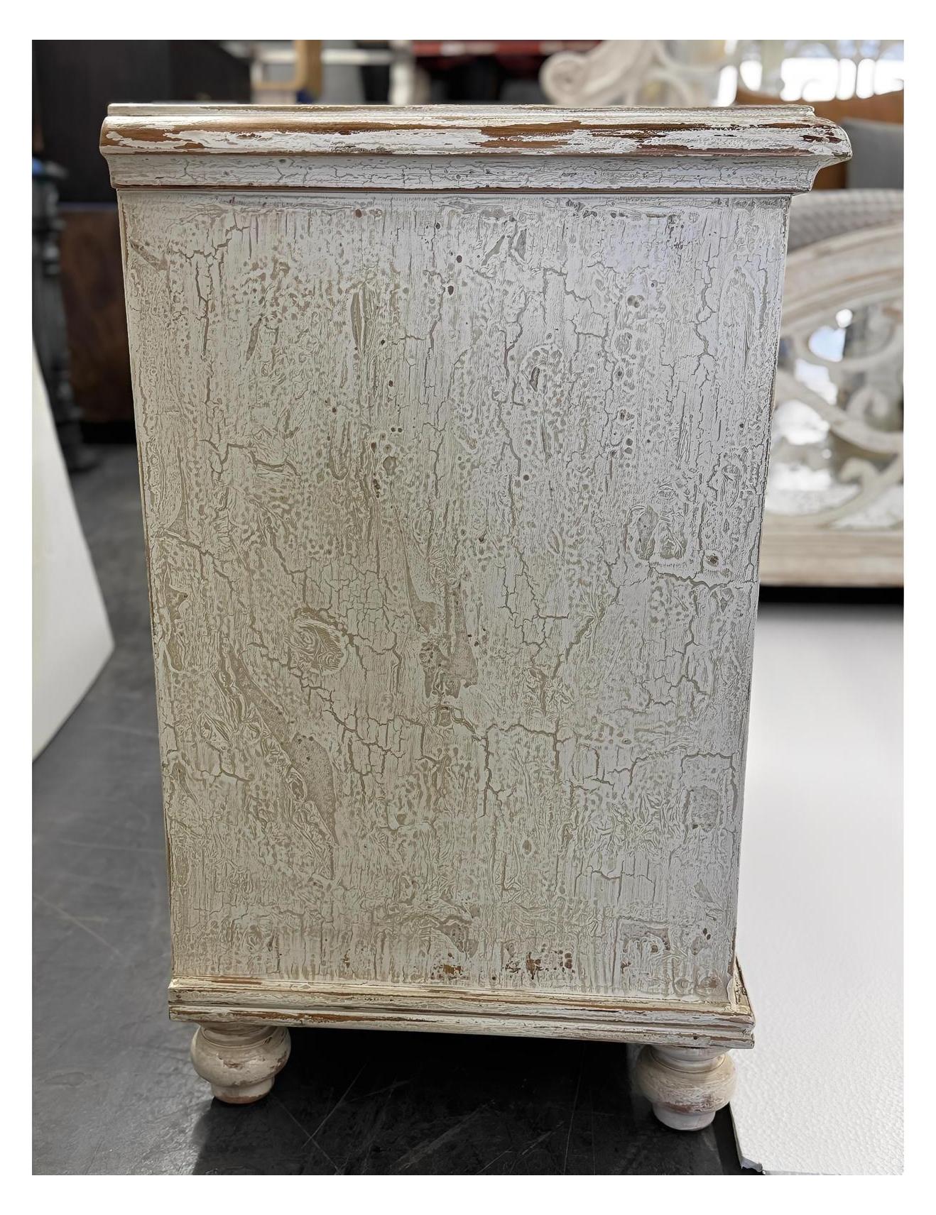 Alba Nightstand Chests (2-Pack), Distressed White, Rustic Scrollwork Glass Panels, Antique Pewter Hardware
