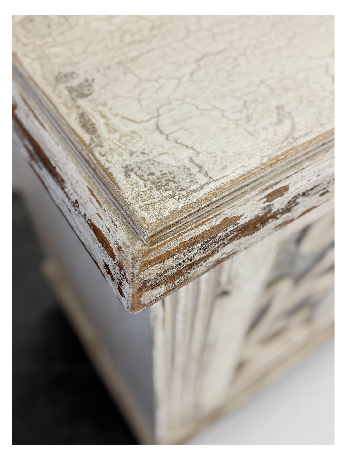 Alba Nightstand Chests (2-Pack), Distressed White, Rustic Scrollwork Glass Panels, Antique Pewter Hardware