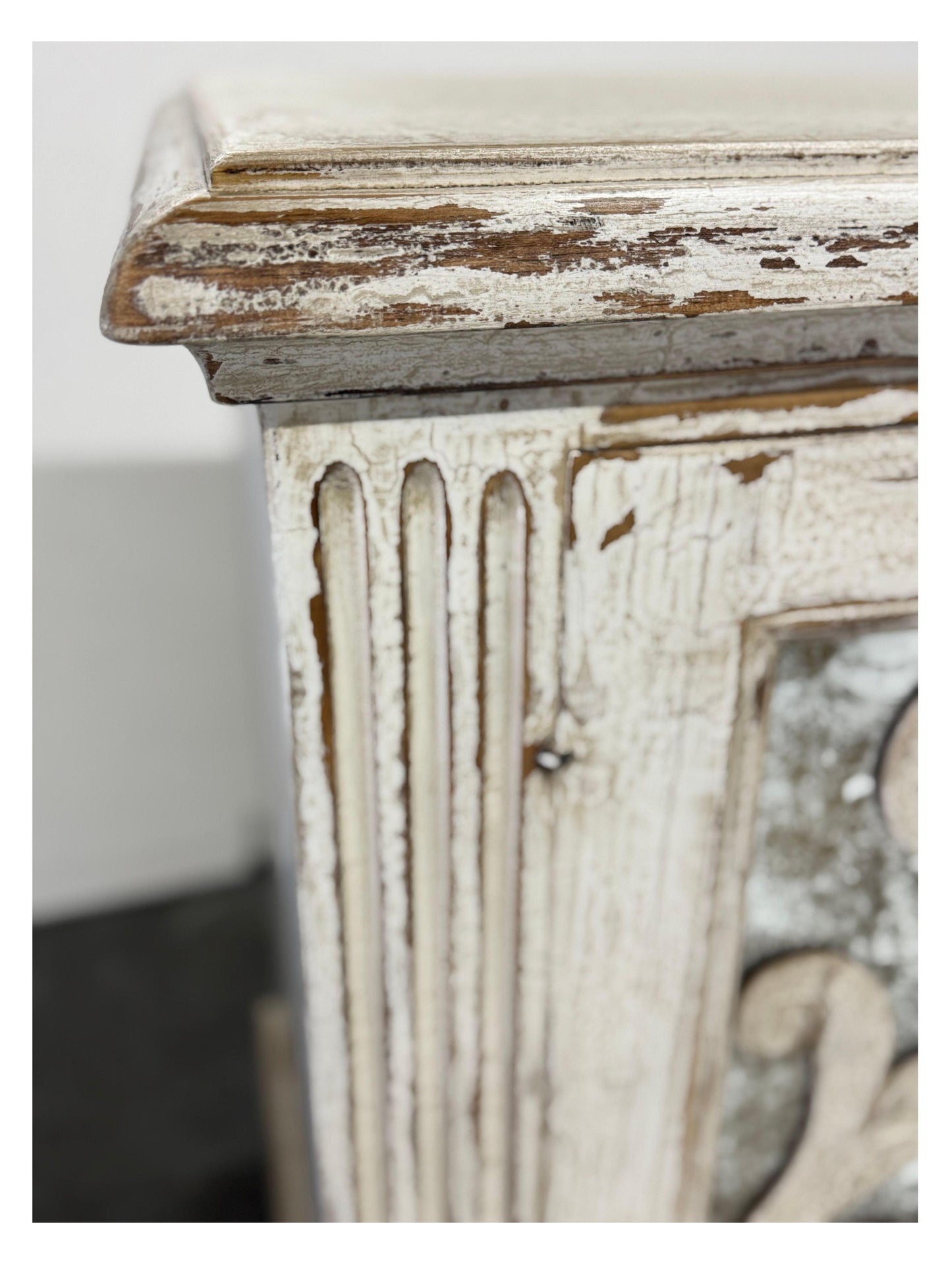 Alba Nightstand Chests (2-Pack), Distressed White, Rustic Scrollwork Glass Panels, Antique Pewter Hardware