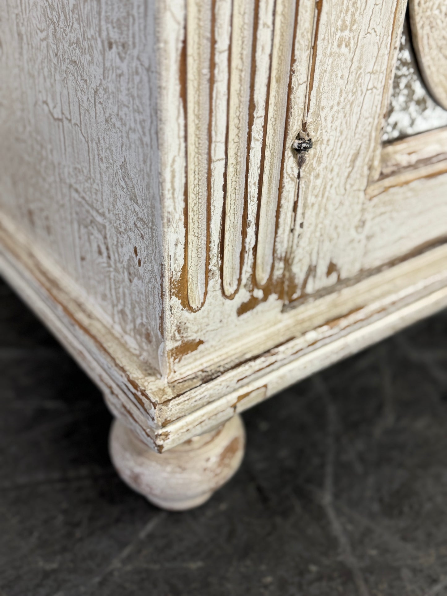 Eze Nightstand Chests (2-Pack), Distressed White, Rustic Scrollwork Glass Panels, Antique Pewter Hardware