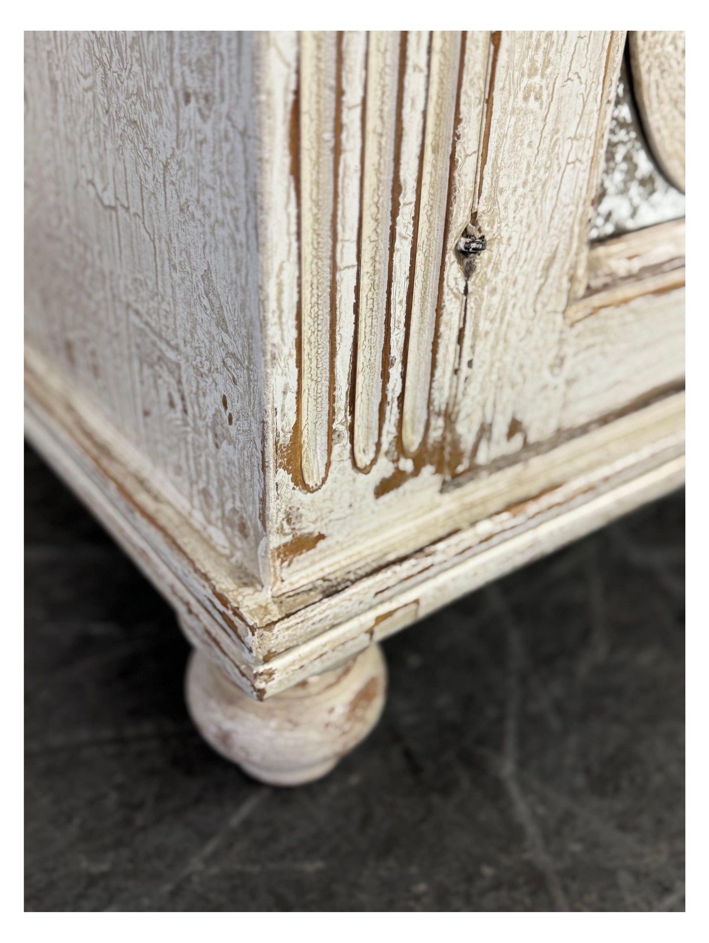 Alba Nightstand Chests (2-Pack), Distressed White, Rustic Scrollwork Glass Panels, Antique Pewter Hardware