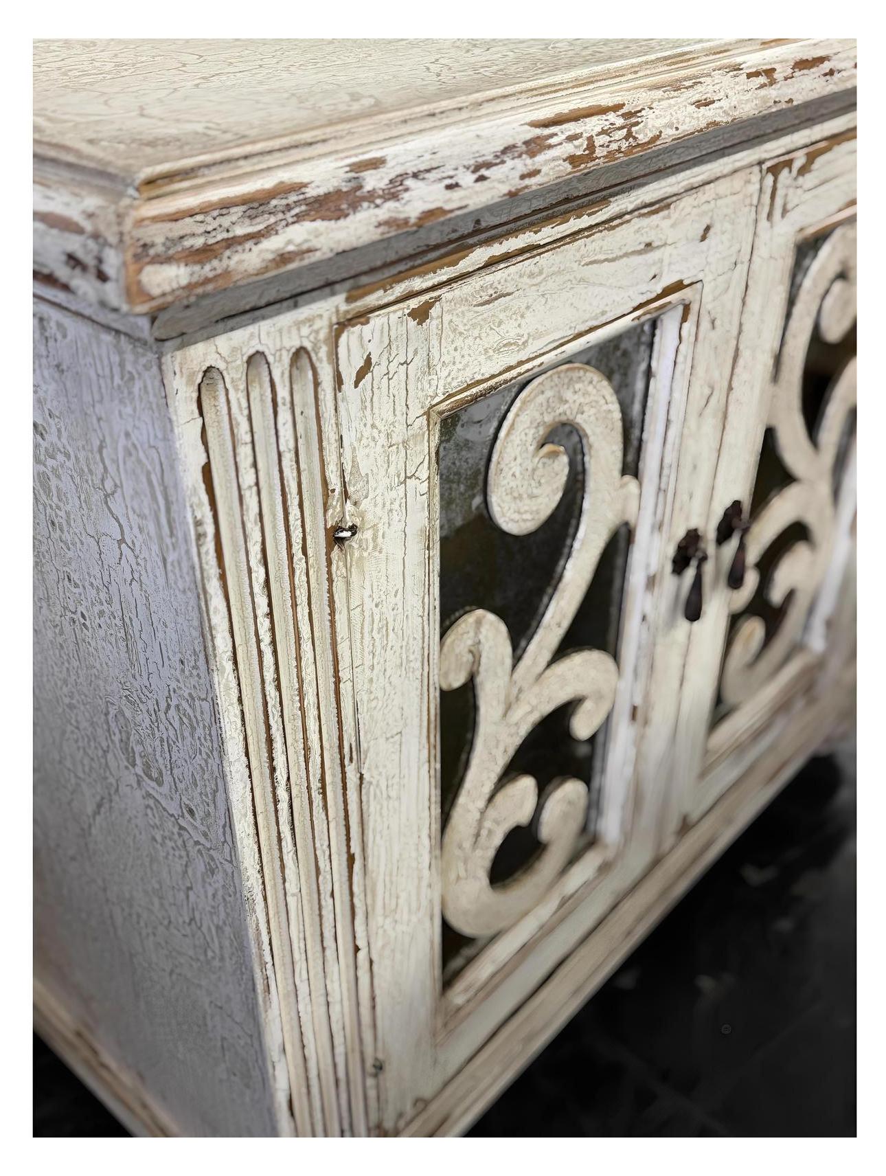 Alba Nightstand Chests (2-Pack), Distressed White, Rustic Scrollwork Glass Panels, Antique Pewter Hardware