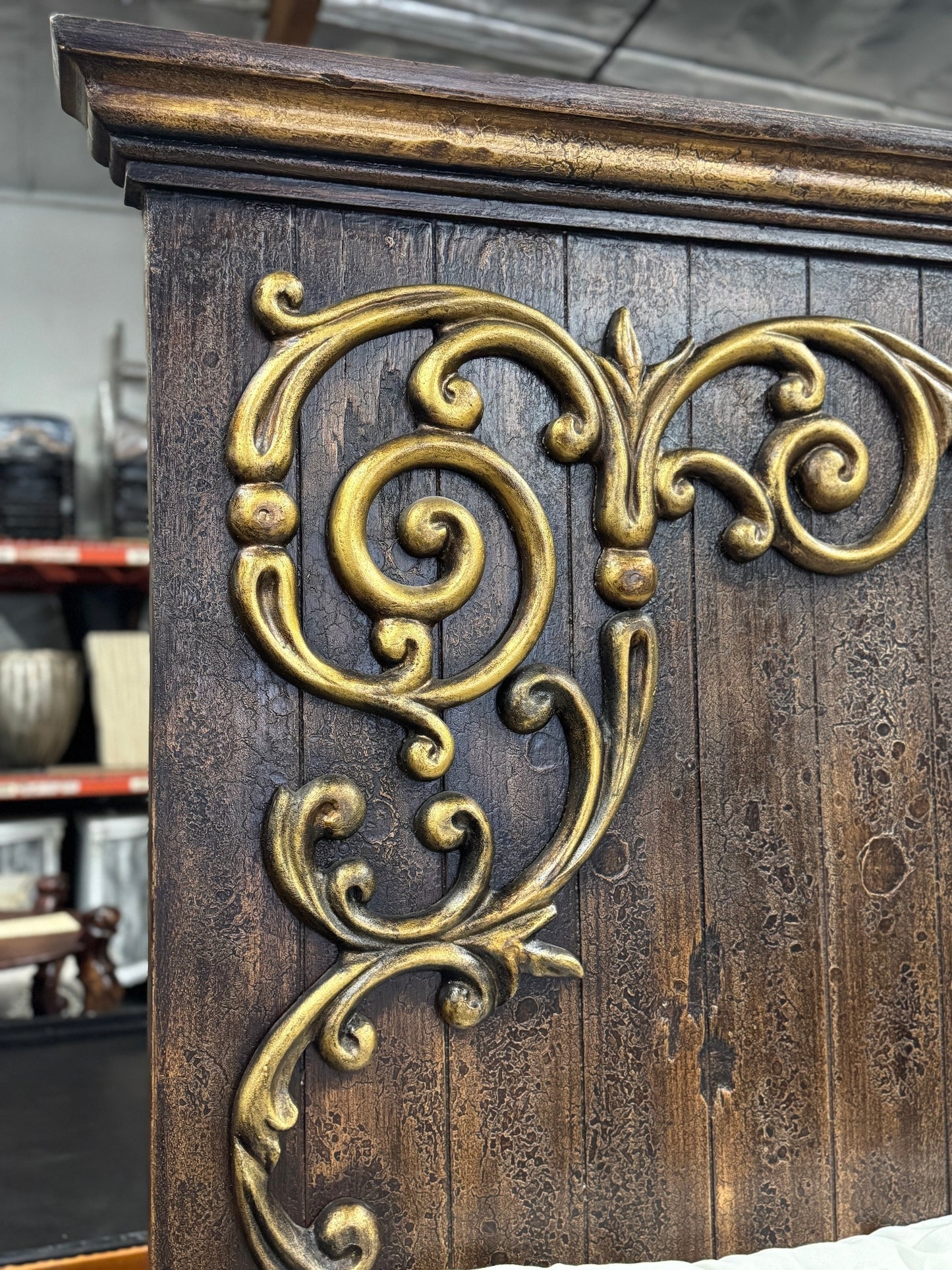 SANTANDER KING BED 85" Tall | Brown Wood Carved Frame with Scrollwork | Old-World Style | Bed Only | Includes Delivery and Assembly