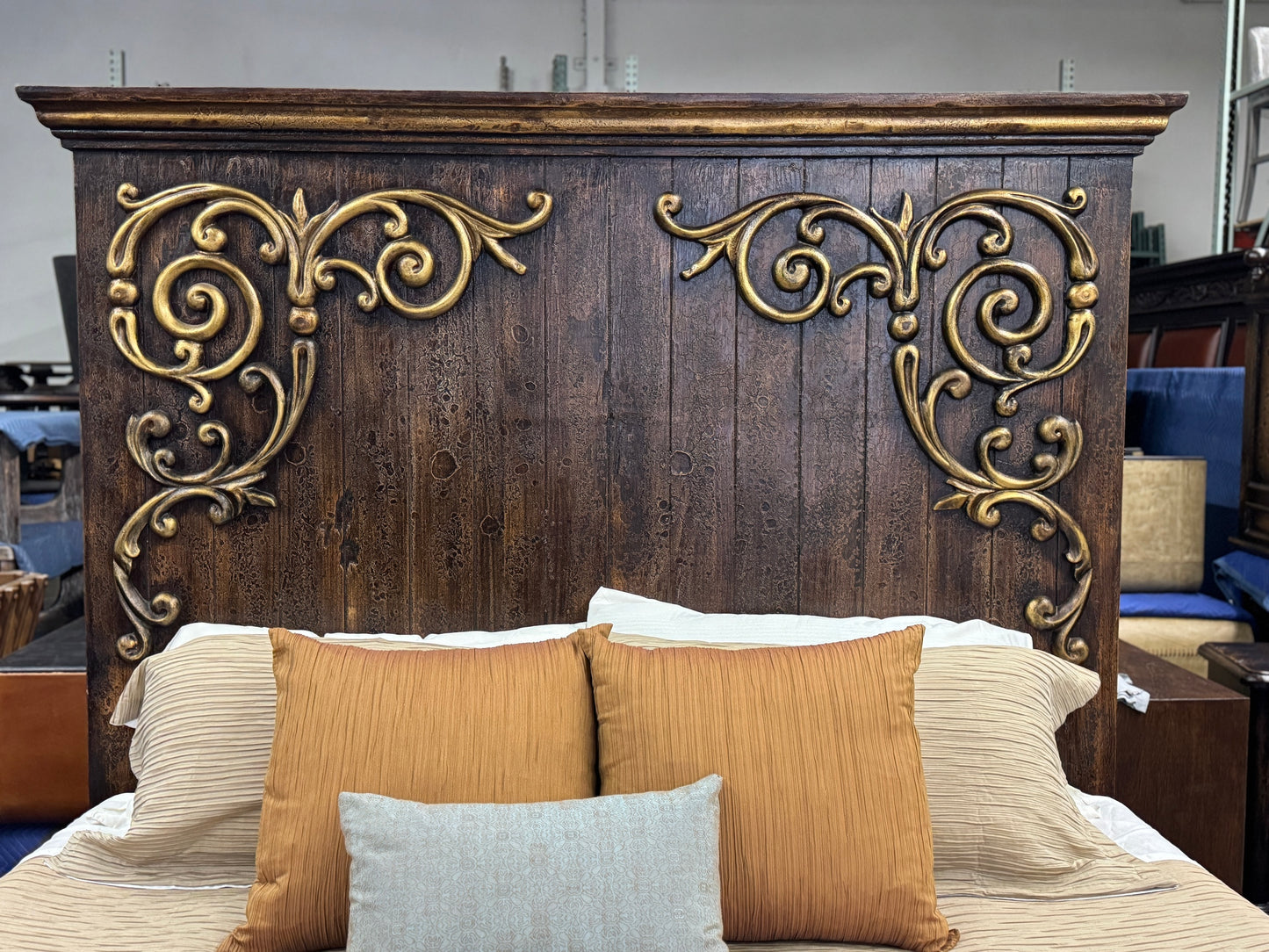 VALEN BED 85" Tall | Brown Wood Carved Frame with Scrollwork | Old-World Style | Bed Only | Includes Delivery and Assembly