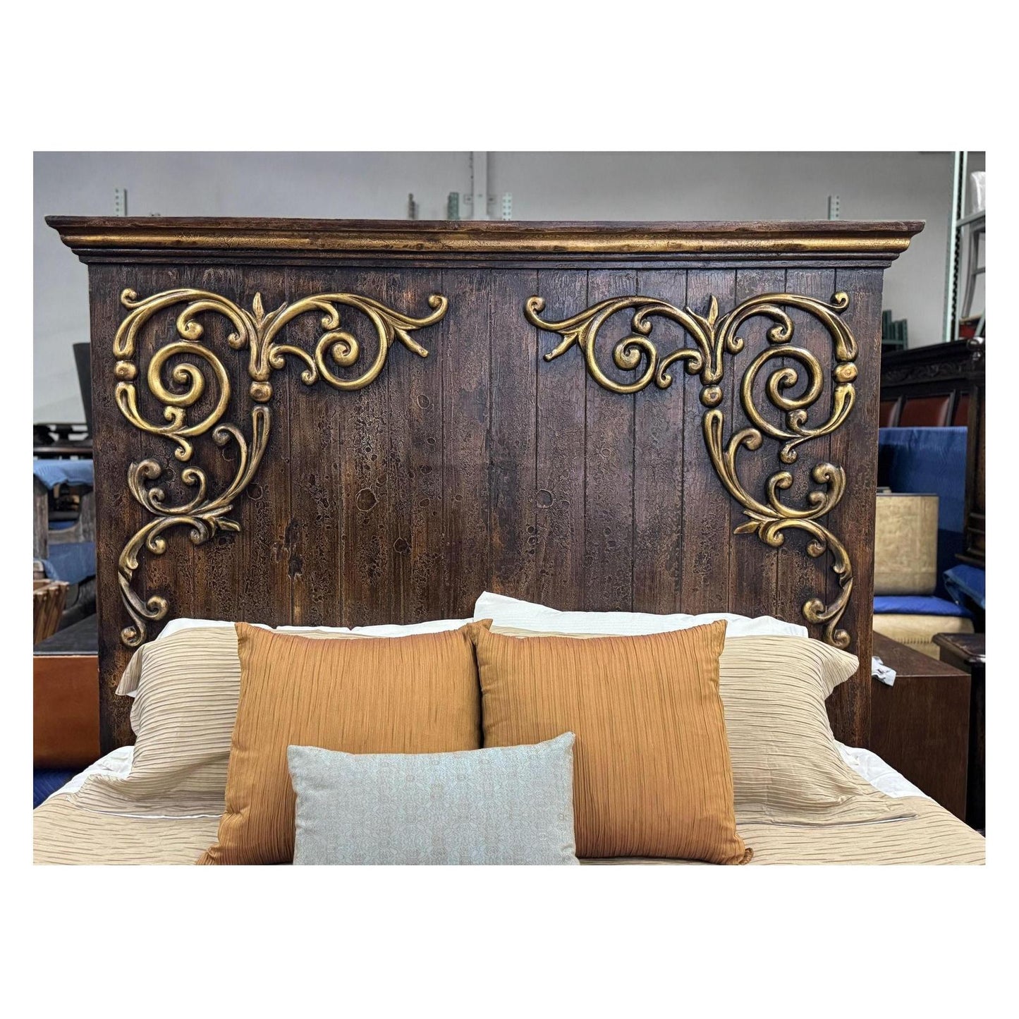 VALEN BED 85" Tall | Brown Wood Carved Frame with Scrollwork | Old-World Style | Bed Only | Includes Delivery and Assembly