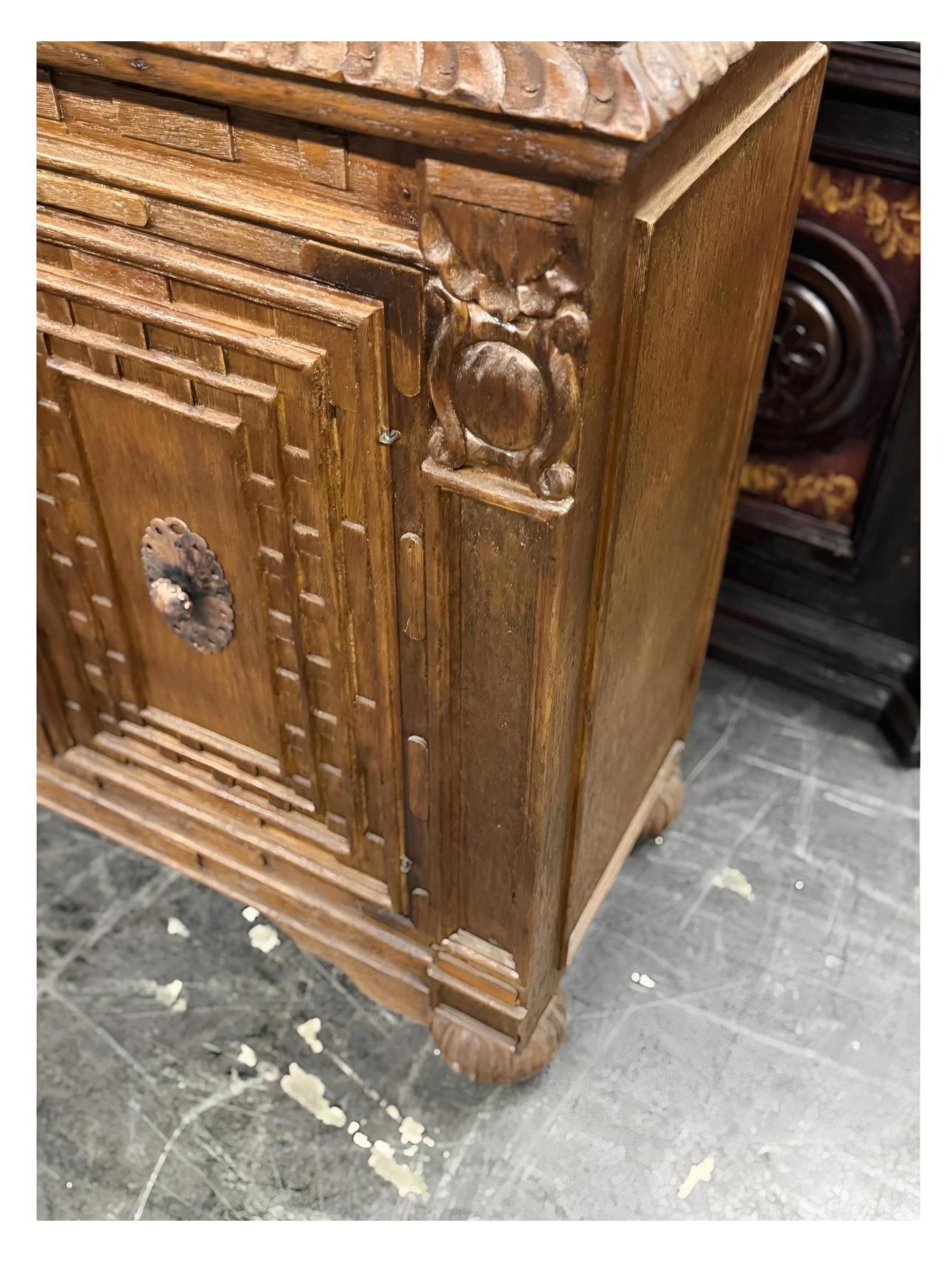 Castellan Chest, Antique Brown, Hand Crafted Geometric Panel Details With Rosette Hardware