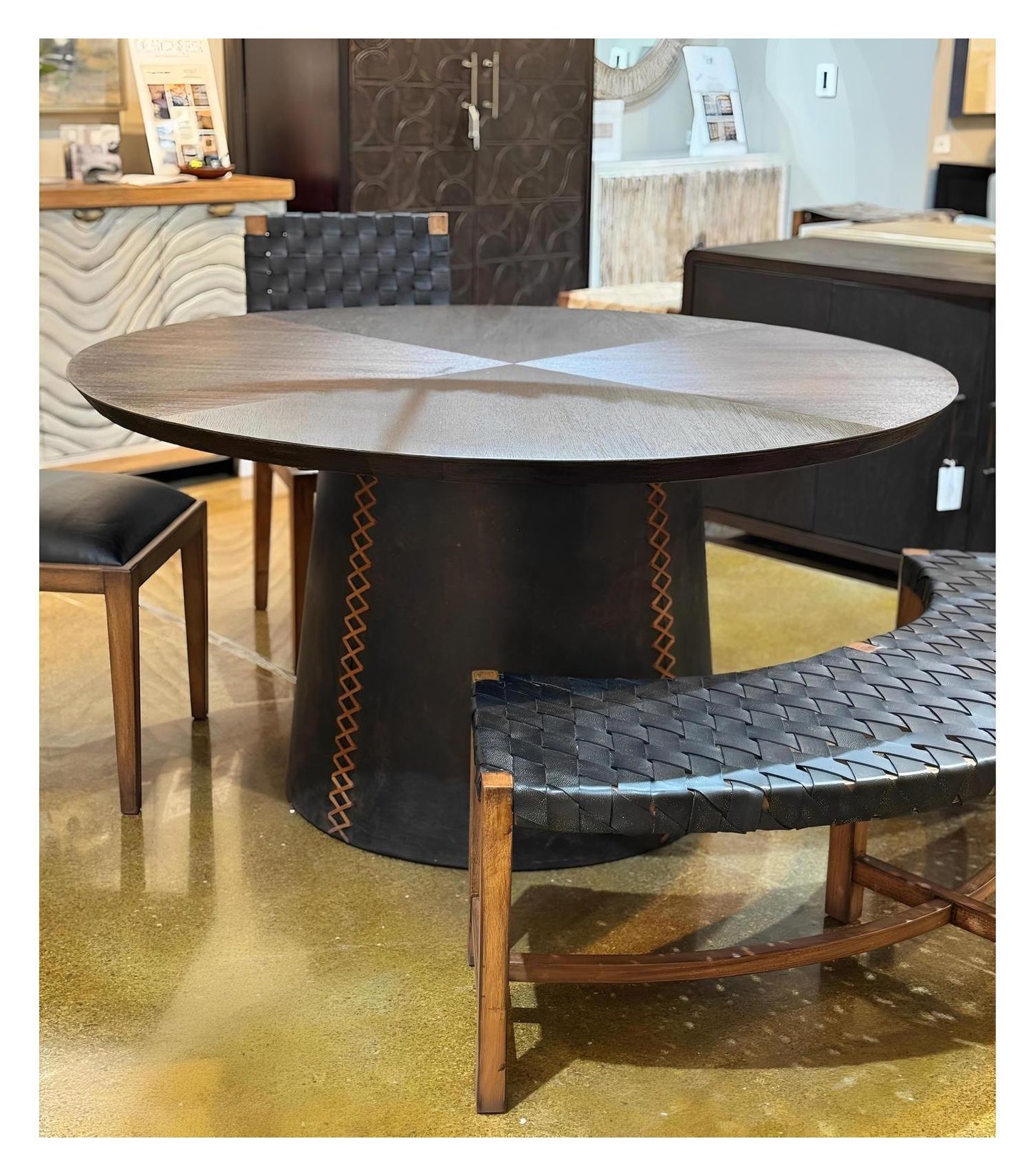 Bar-sur-Seine Dining Table - Round Dark Espresso Finish, Orange-Stitched Pedestal Base