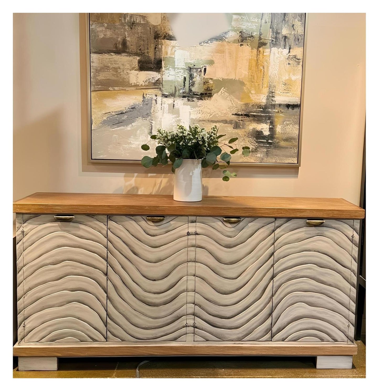 Martigne-Briand Grey Wave Dining Room Buffet Table With Natural Oak Top Handcrafted - 17.5 x 75.5 x 36