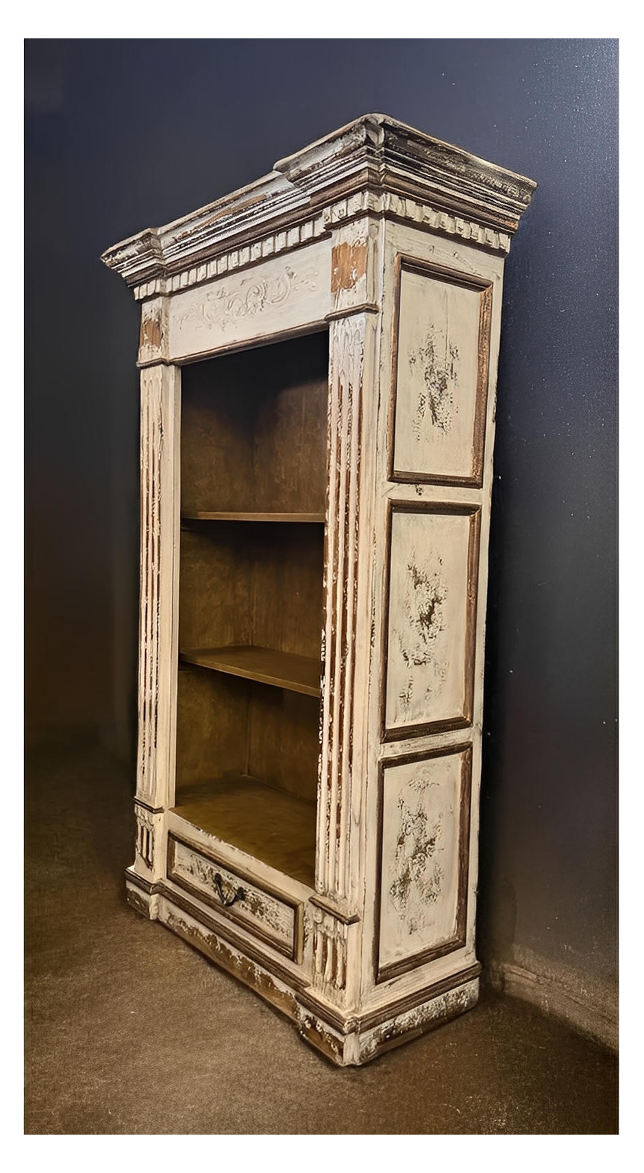 Chinon Bookcase, Distressed White, Mantel Style With Carved Details And Fluted Pillars