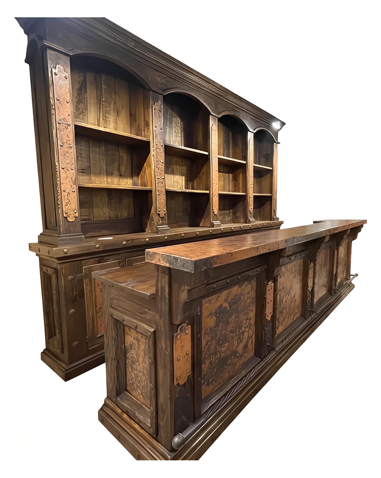 Sunset Ridge Copper 2-Piece Bar & Hutch Set | 12 ft wide | Hand-Carved | Iron Nailhead Trim & Foot Rail