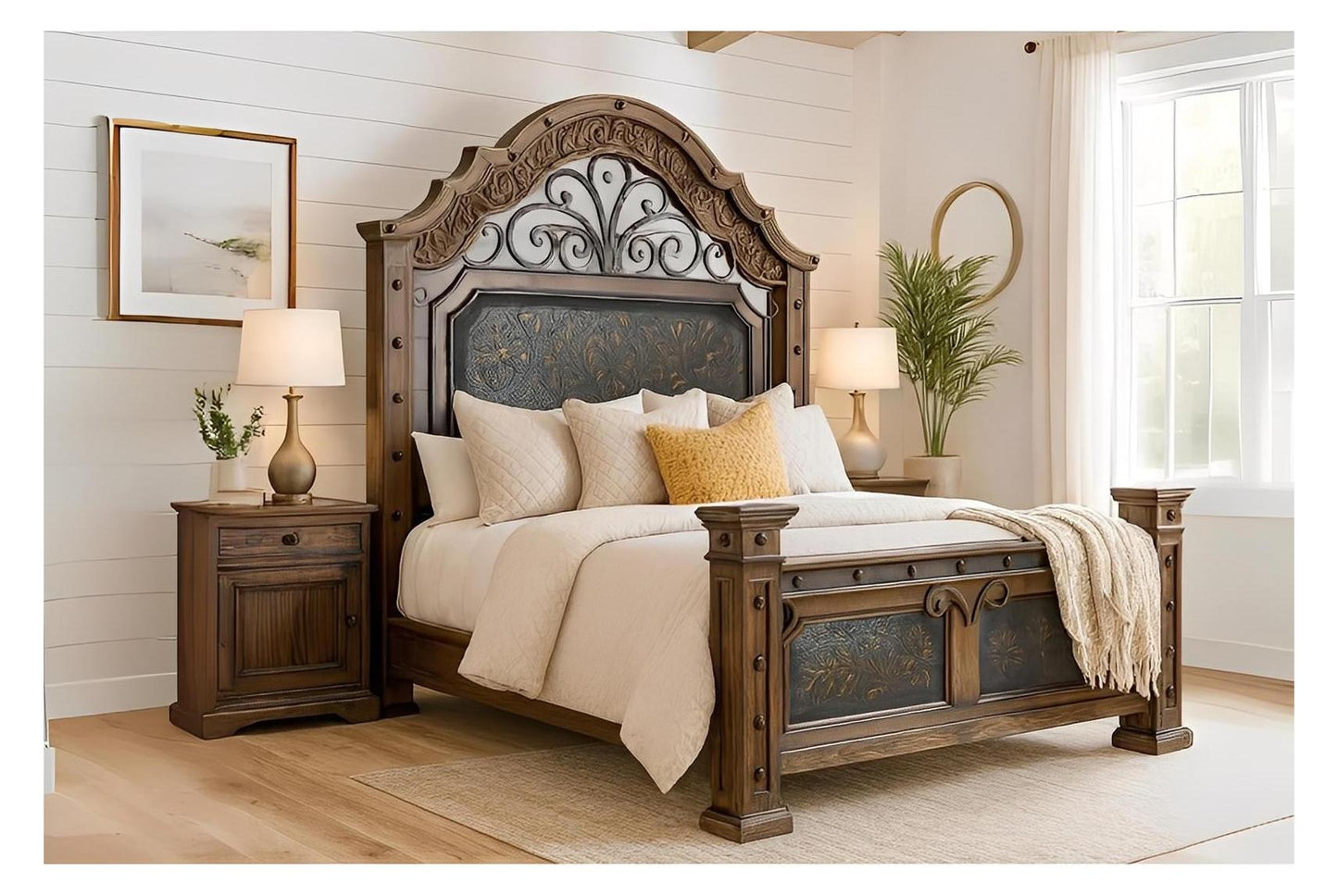 Canyon Charm Rustic Walnut Wood Bed Frame, Hand-carved, Iron, Leather - Includes Full Service Delivery