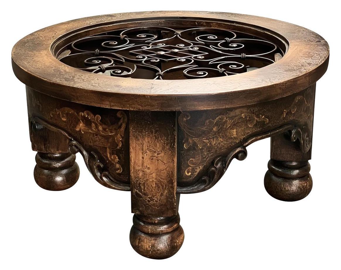 Rodemack Coffee Table - Round, Antique Bronze Finish, Intricate Wrought Iron Scrollwork Top