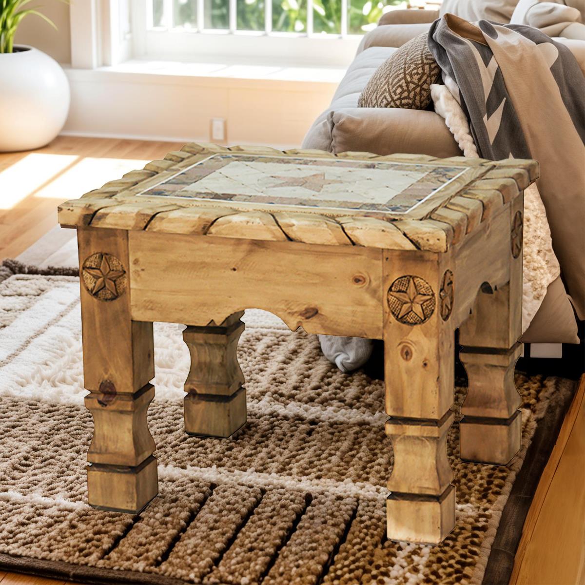 Rustic Pueblo End Tables (2-Pack) with Inlaid Tile Top & Storage Drawer