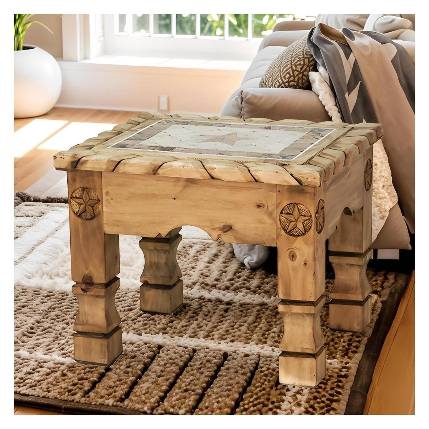 Rustic Pueblo End Tables (2-Pack) with Inlaid Tile Top & Storage Drawer