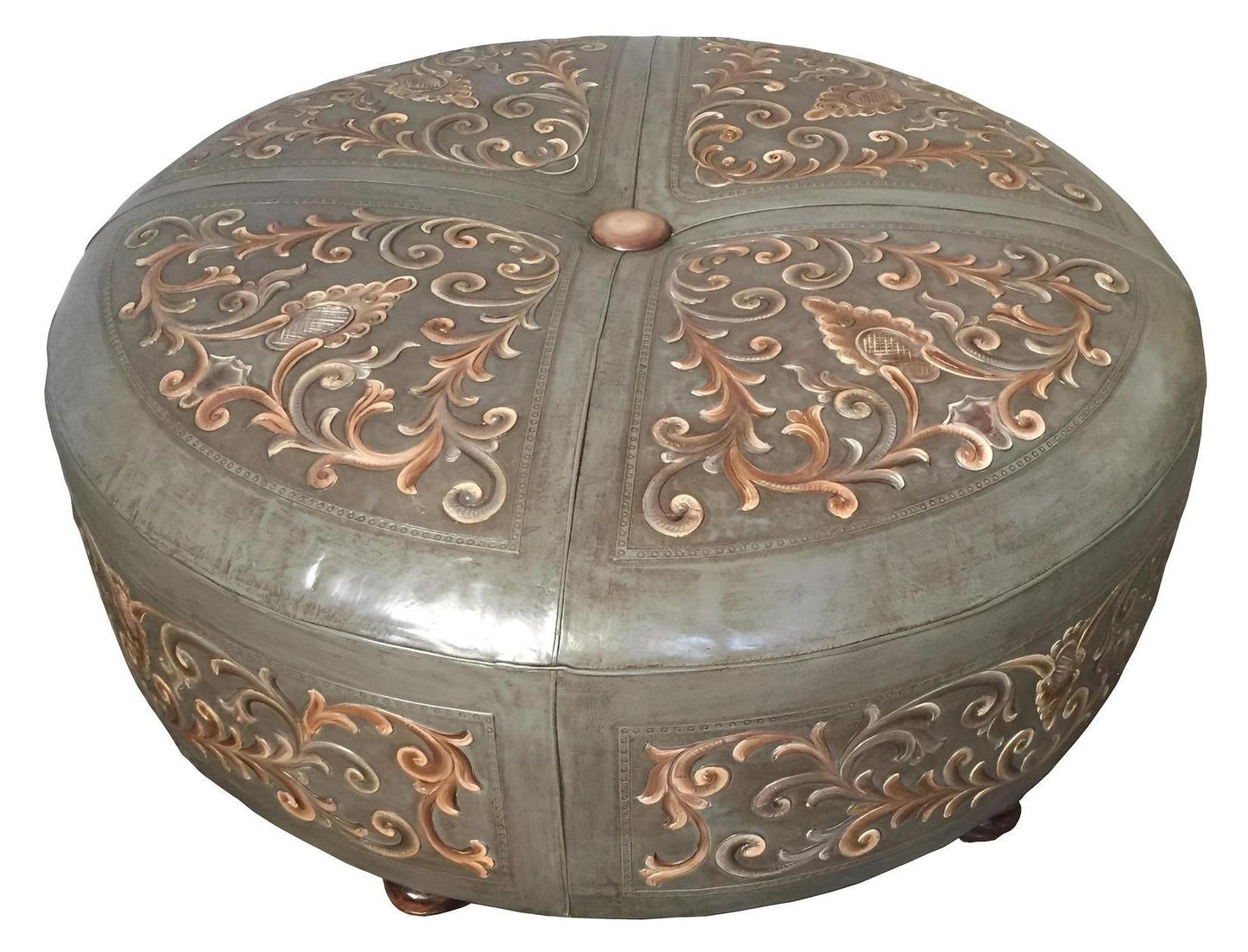 Saint-Céré Coffee Table - Round, Teal, Copper-Tone Embossed Leather Ornamentation For Vintage Living Rooms