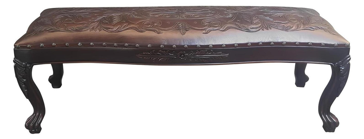 Brantôme Bench, Dark Brown Leather Upholstery, Embossed Floral Top With Nailhead Trim