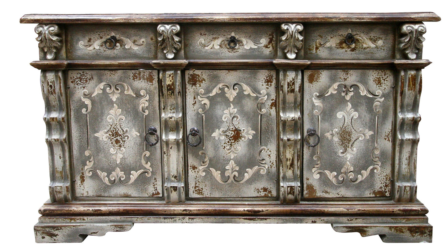 Baugé Gray Handcrafted Buffet Table 18 x 72 x 42 Distressed Finish