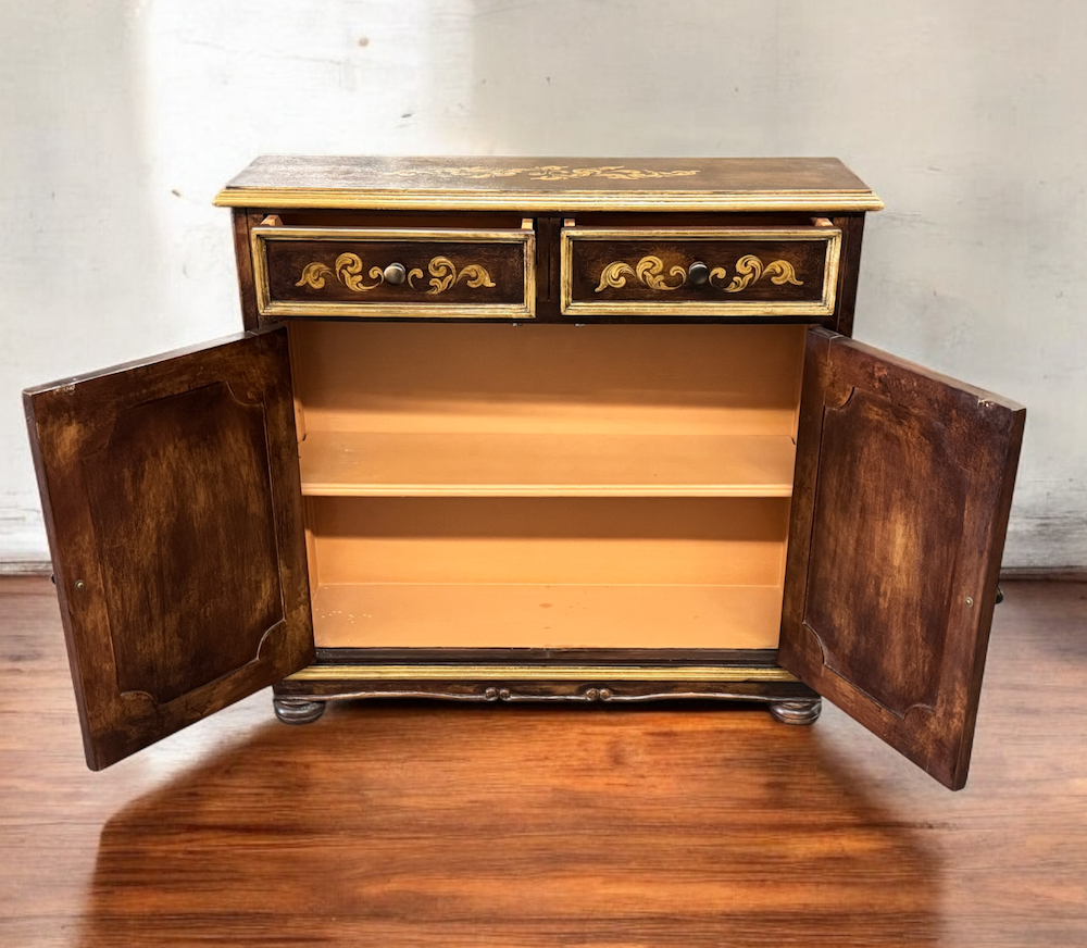 Langres Chest, Dark Brown Finish, With Ornate Gold Floral Inlay On Top, Handcrafted Antique Styling