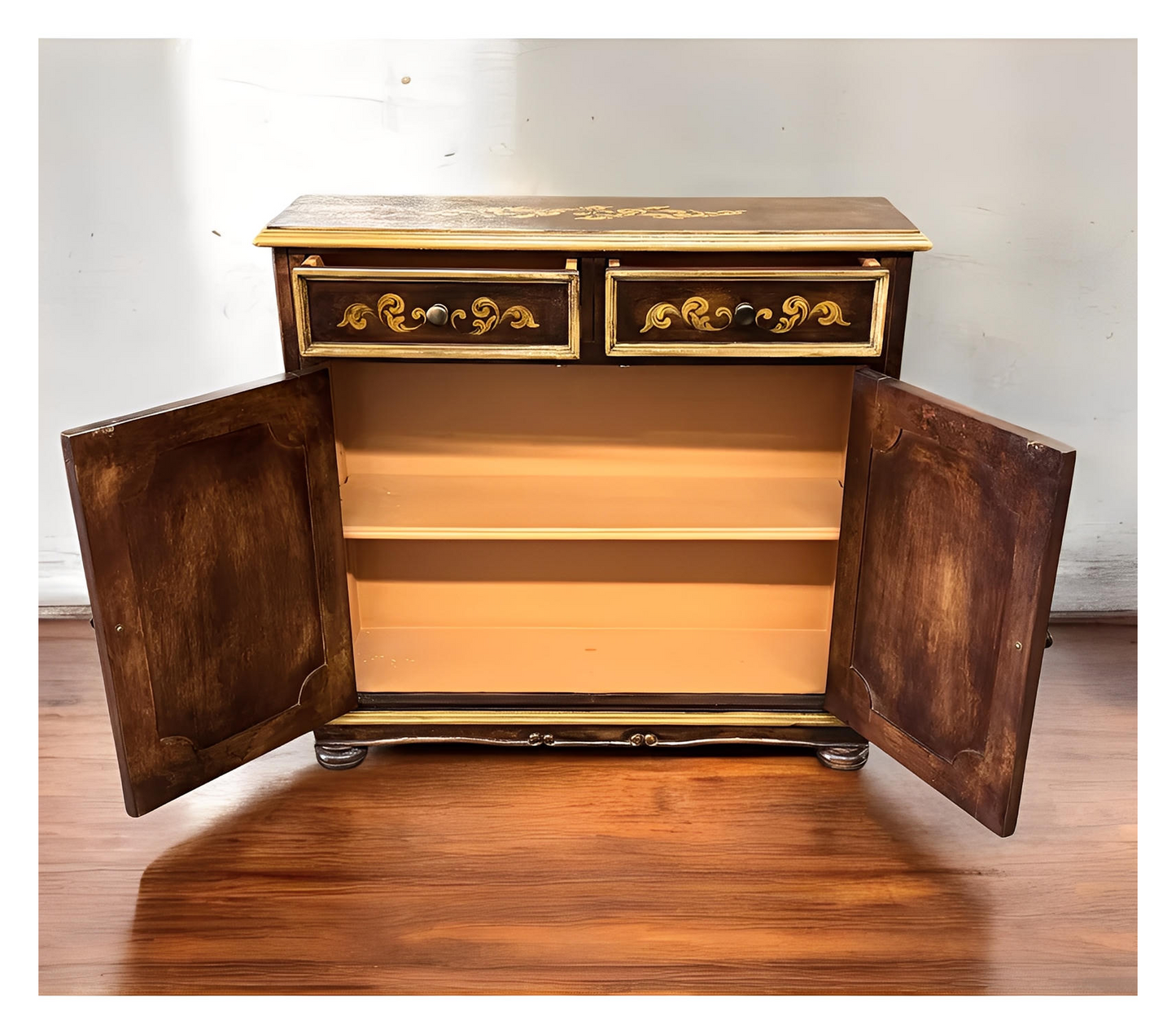Langres Chest, Dark Brown Finish, With Ornate Gold Floral Inlay On Top, Handcrafted Antique Styling