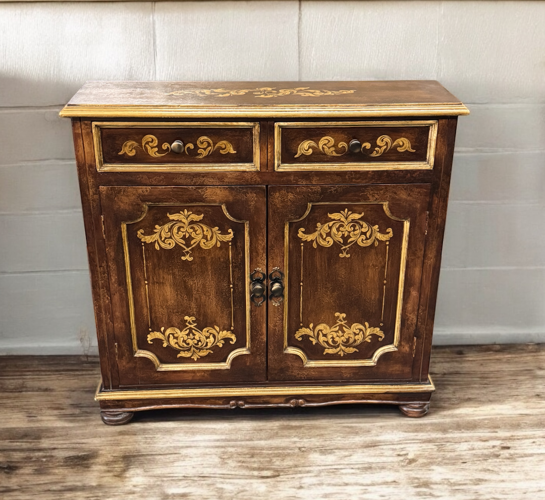 Langres Chest, Dark Brown Finish, With Ornate Gold Floral Inlay On Top, Handcrafted Antique Styling