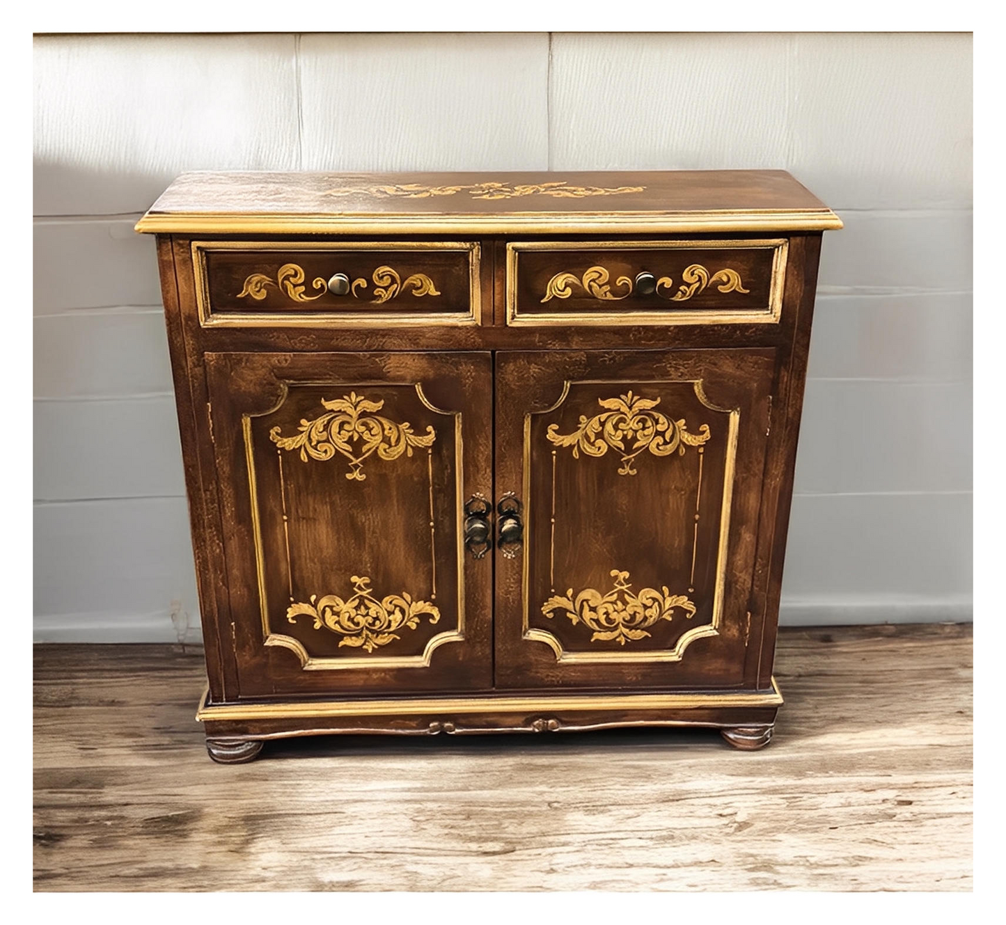 Langres Chest, Dark Brown Finish, With Ornate Gold Floral Inlay On Top, Handcrafted Antique Styling
