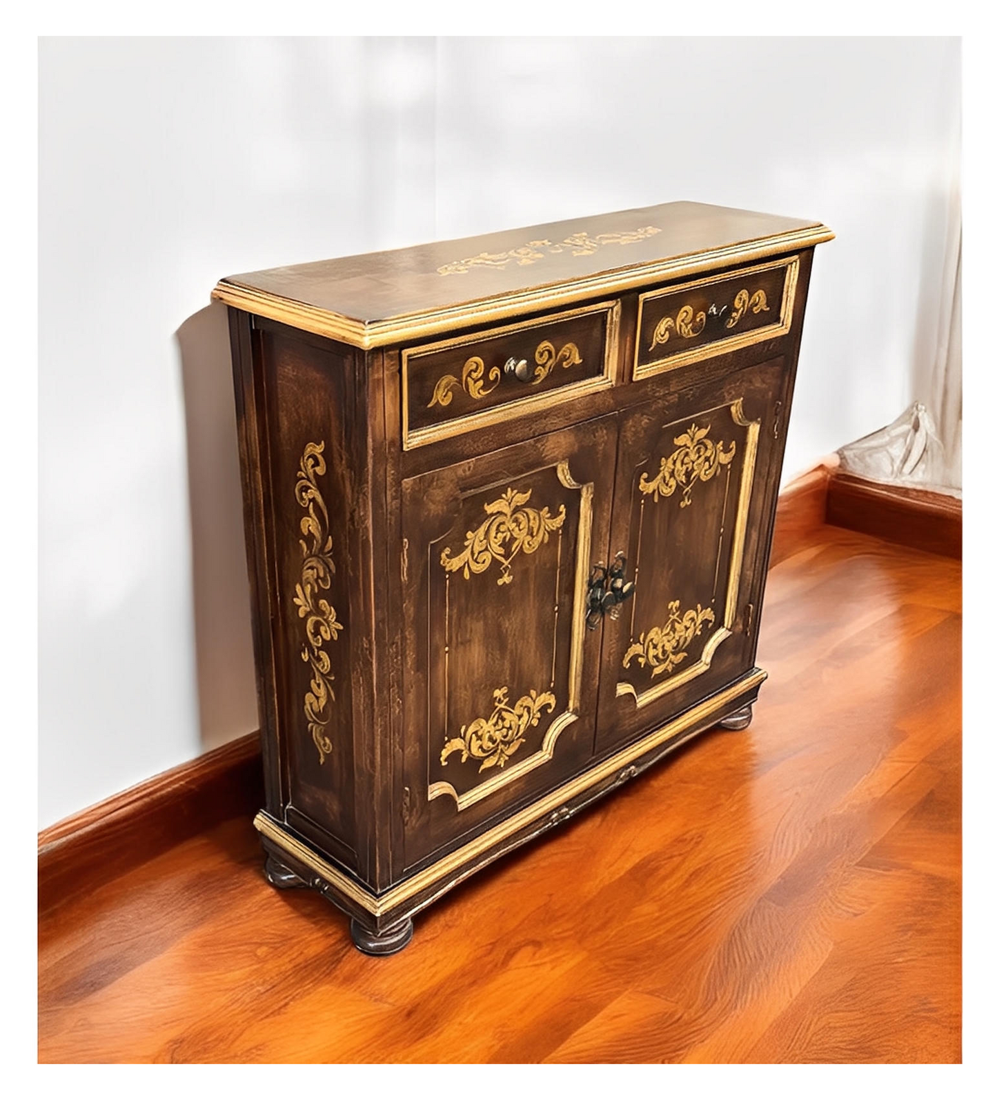 Langres Chest, Dark Brown Finish, With Ornate Gold Floral Inlay On Top, Handcrafted Antique Styling