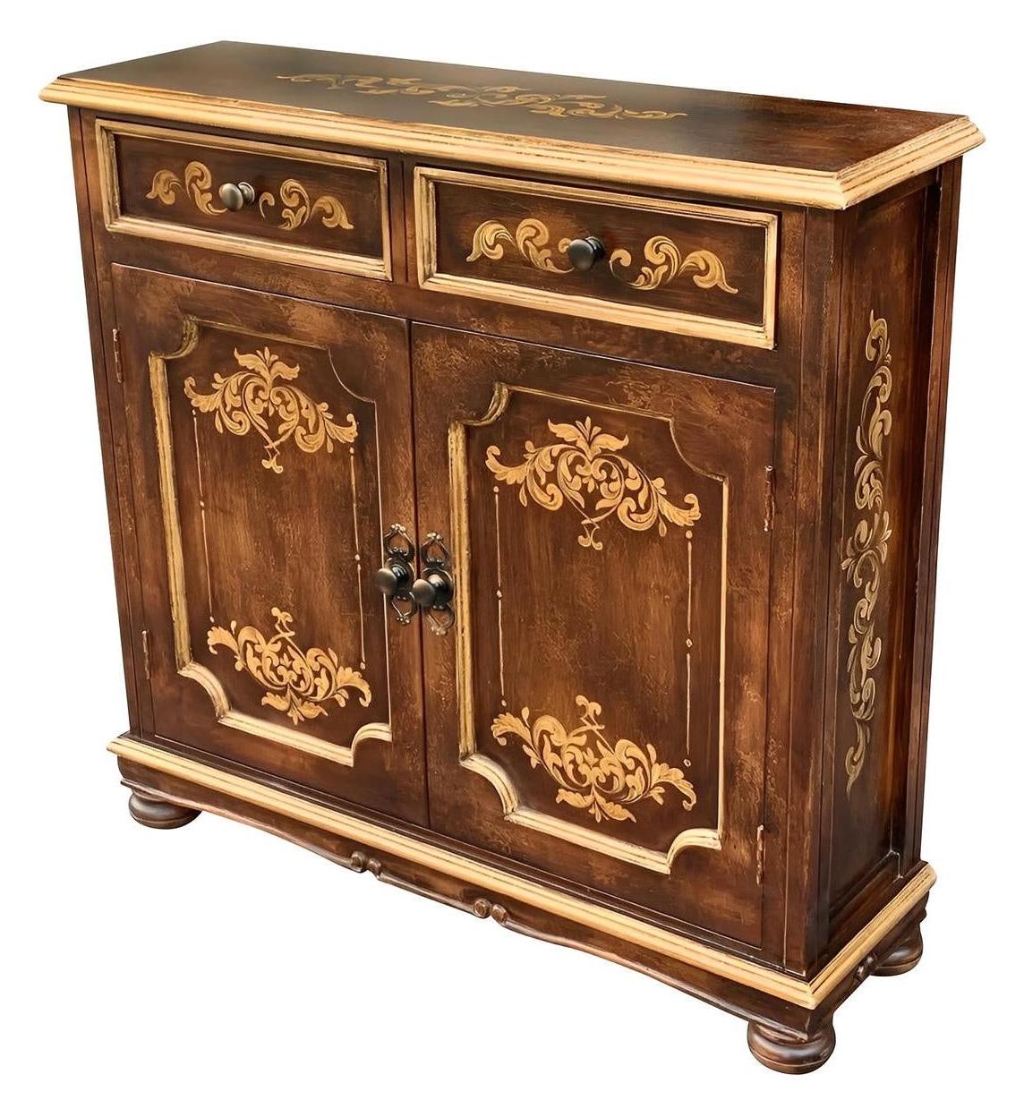Langres Chest, Dark Brown Finish, With Ornate Gold Floral Inlay On Top, Handcrafted Antique Styling