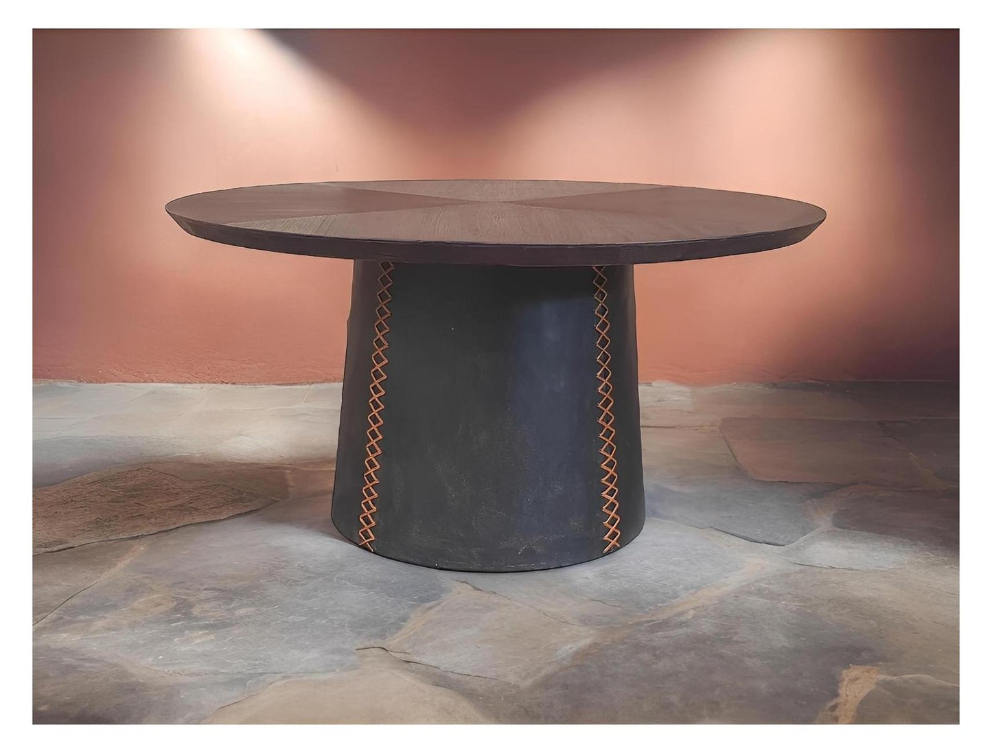 Bar-sur-Seine Dining Table - Round Dark Espresso Finish, Orange-Stitched Pedestal Base