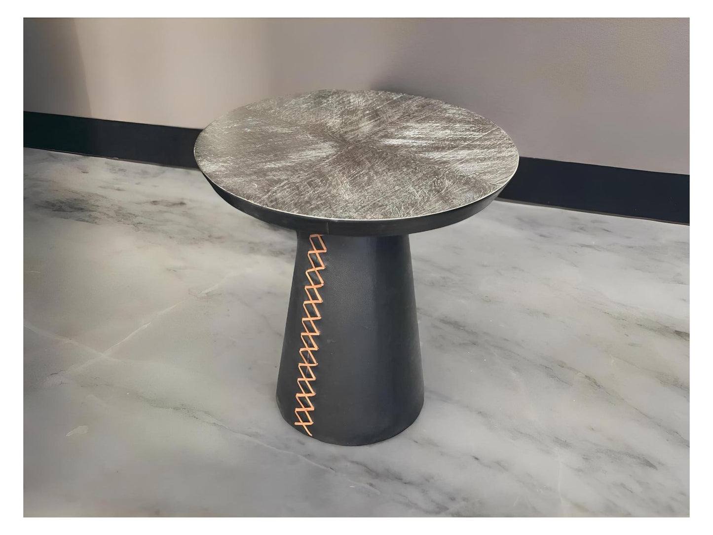 Le Crotoy End Tables (2-Pack), Black, Textured Brushed Metal Round Top, Orange Saddle Stitch Pedestal