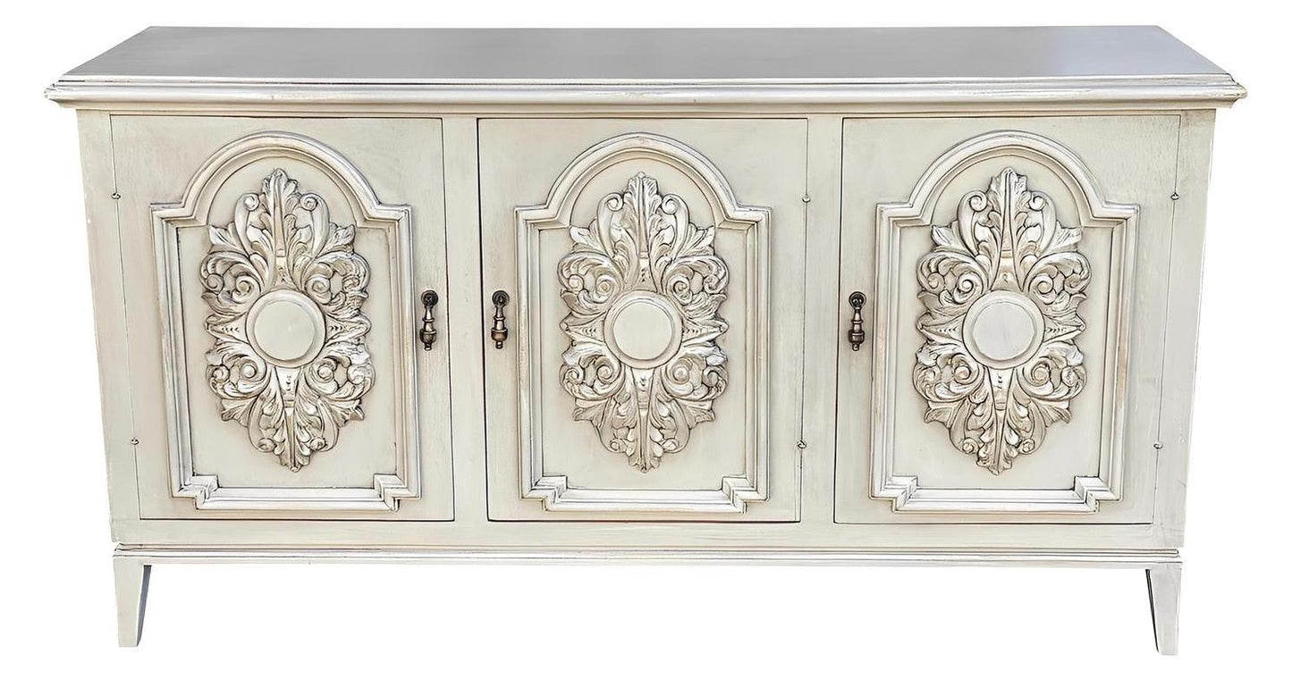 Verona Ivory Handcrafted Dining Room Buffet Table With Carved Panels - 20.5 x 68 x 36