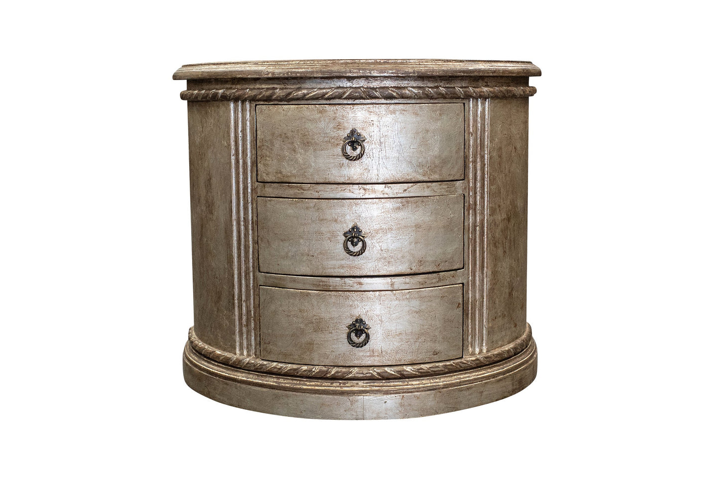 Laon Nightstands (2-Pack), Antique Gold Finish, Three-Drawer Curved Front With Rope Trim