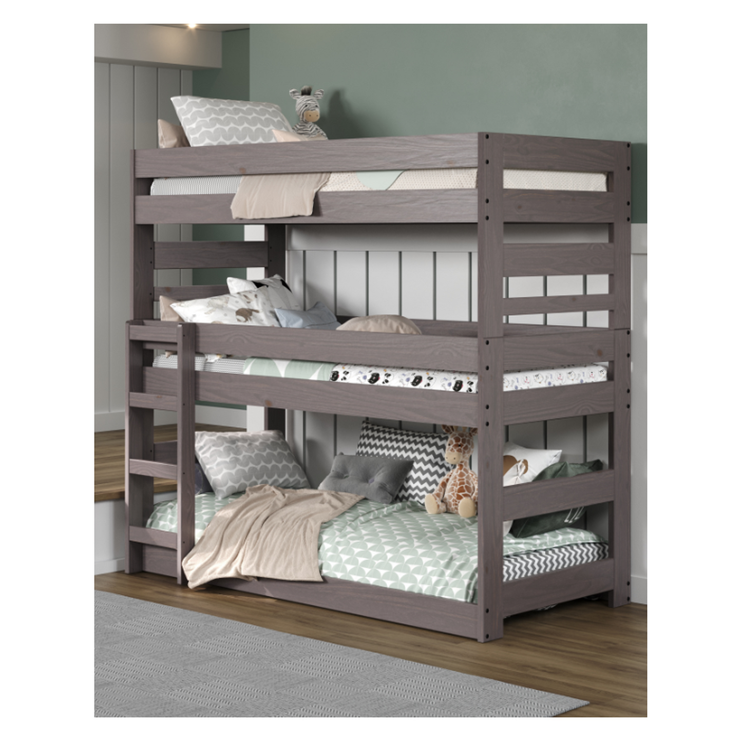 Lakehouse Triple Twin Stackable Bunk Bed, Walnut Gray Finish, Constructed from Solid Pine Wood