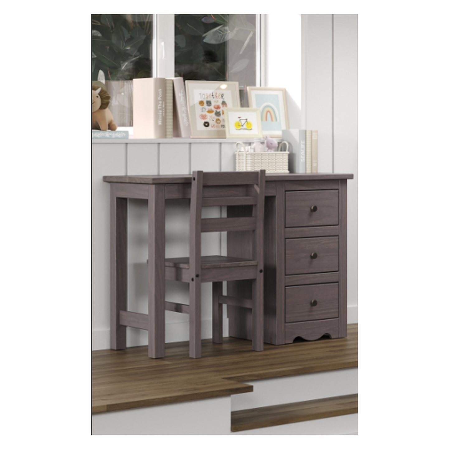 Lakehouse Triple Twin Stackable Bunk Bed, Walnut Gray Finish, Constructed from Solid Pine Wood