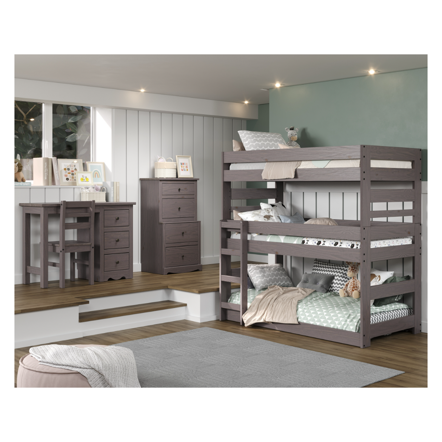 Lakehouse Triple Twin Stackable Bunk Bed, Walnut Gray Finish, Constructed from Solid Pine Wood