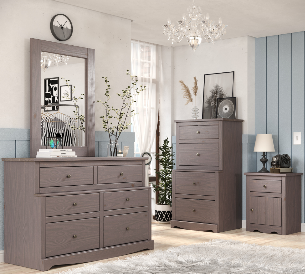 Lakehouse Triple Twin Stackable Bunk Bed, Walnut Gray Finish, Constructed from Solid Pine Wood