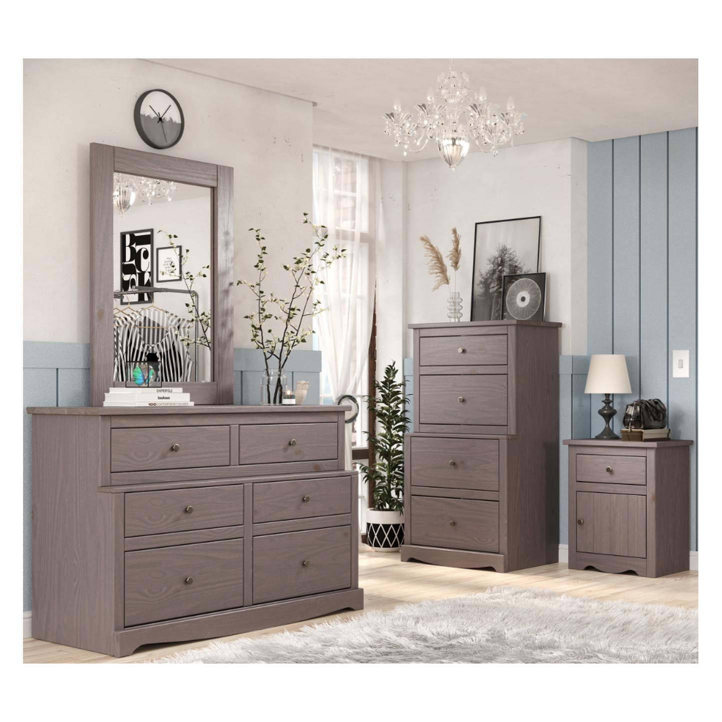 Lakehouse Triple Twin Stackable Bunk Bed, Walnut Gray Finish, Constructed from Solid Pine Wood