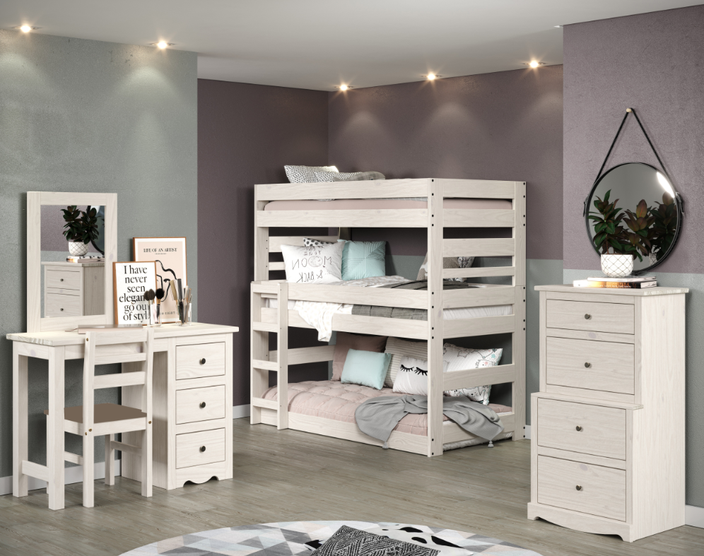 Lakehouse Triple Twin Stackable Bunk Bed, Antique White Distressed Finish, Constructed from Solid Pine Wood