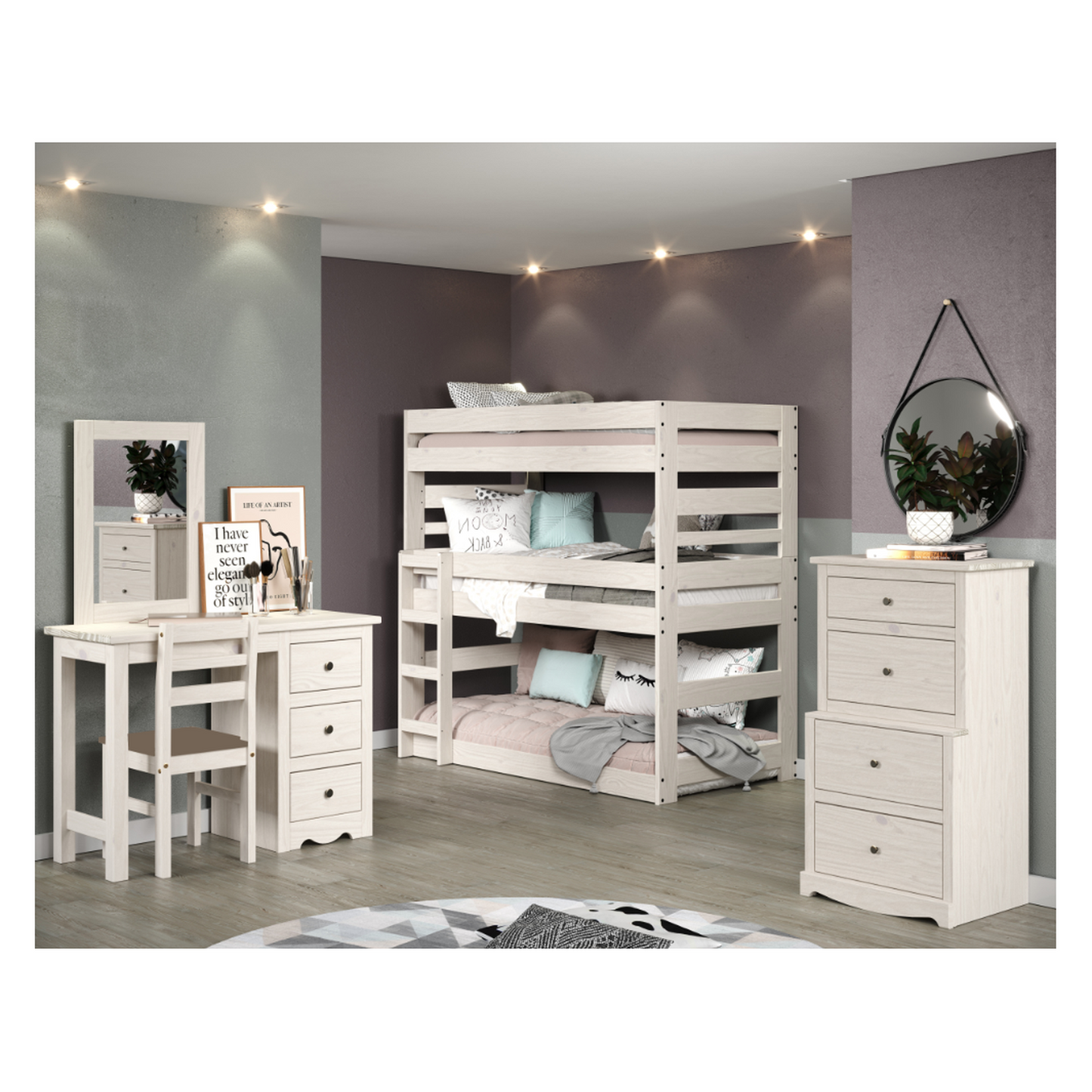 Lakehouse Triple Twin Stackable Bunk Bed, Antique White Distressed Finish, Constructed from Solid Pine Wood