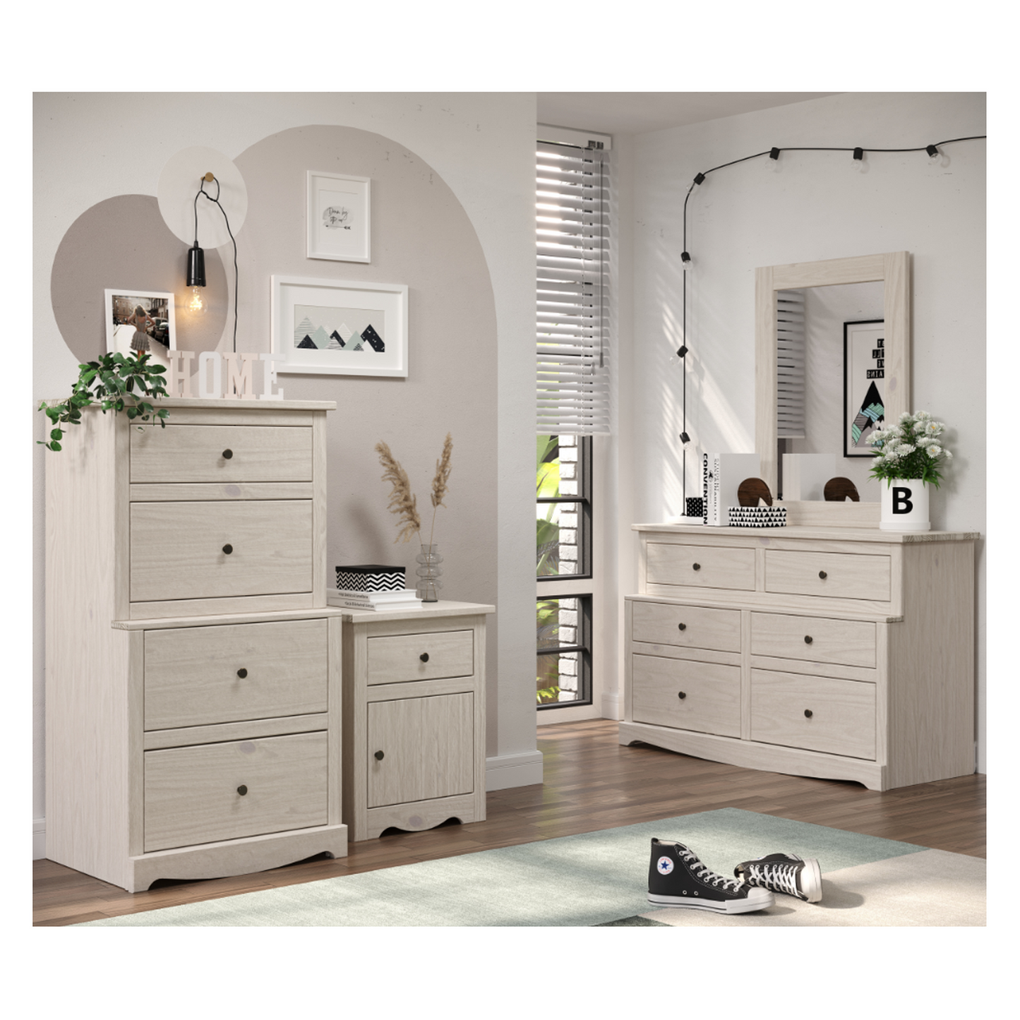 Lakehouse Triple Twin Stackable Bunk Bed, Antique White Distressed Finish, Constructed from Solid Pine Wood