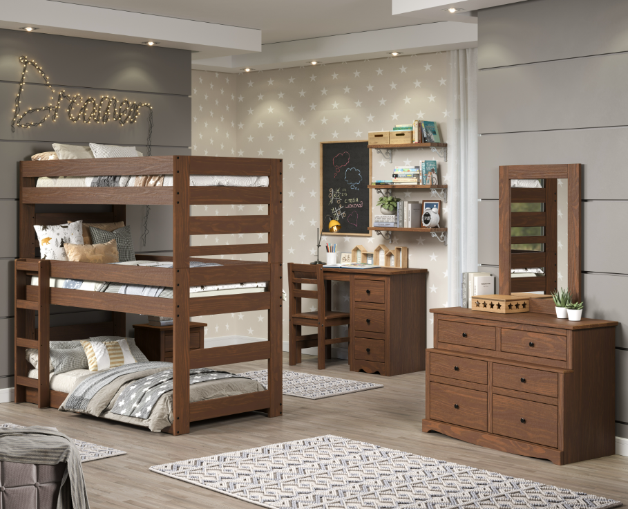 Lakehouse Triple Twin Stackable Bunk Bed, Mahogany Brown Finish, Constructed from Solid Pine Wood