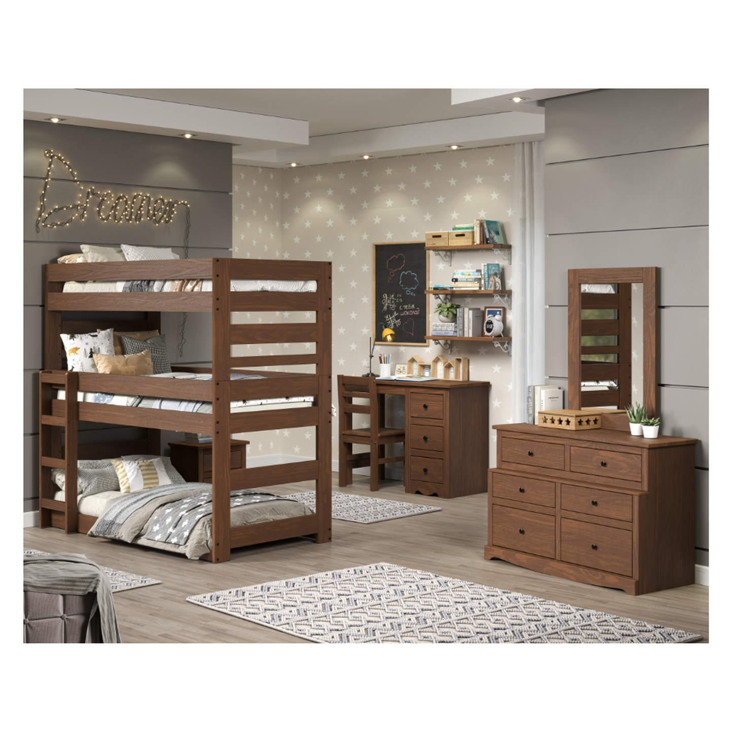Lakehouse Triple Twin Stackable Bunk Bed, Mahogany Brown Finish, Constructed from Solid Pine Wood