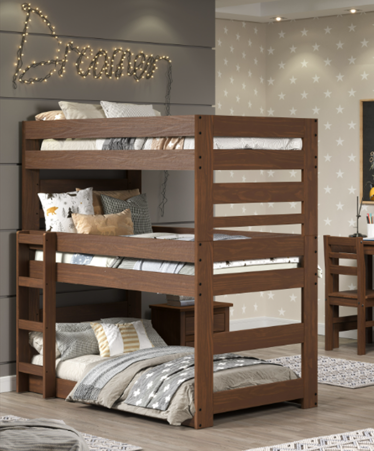 Lakehouse Triple Twin Stackable Bunk Bed, Mahogany Brown Finish, Constructed from Solid Pine Wood