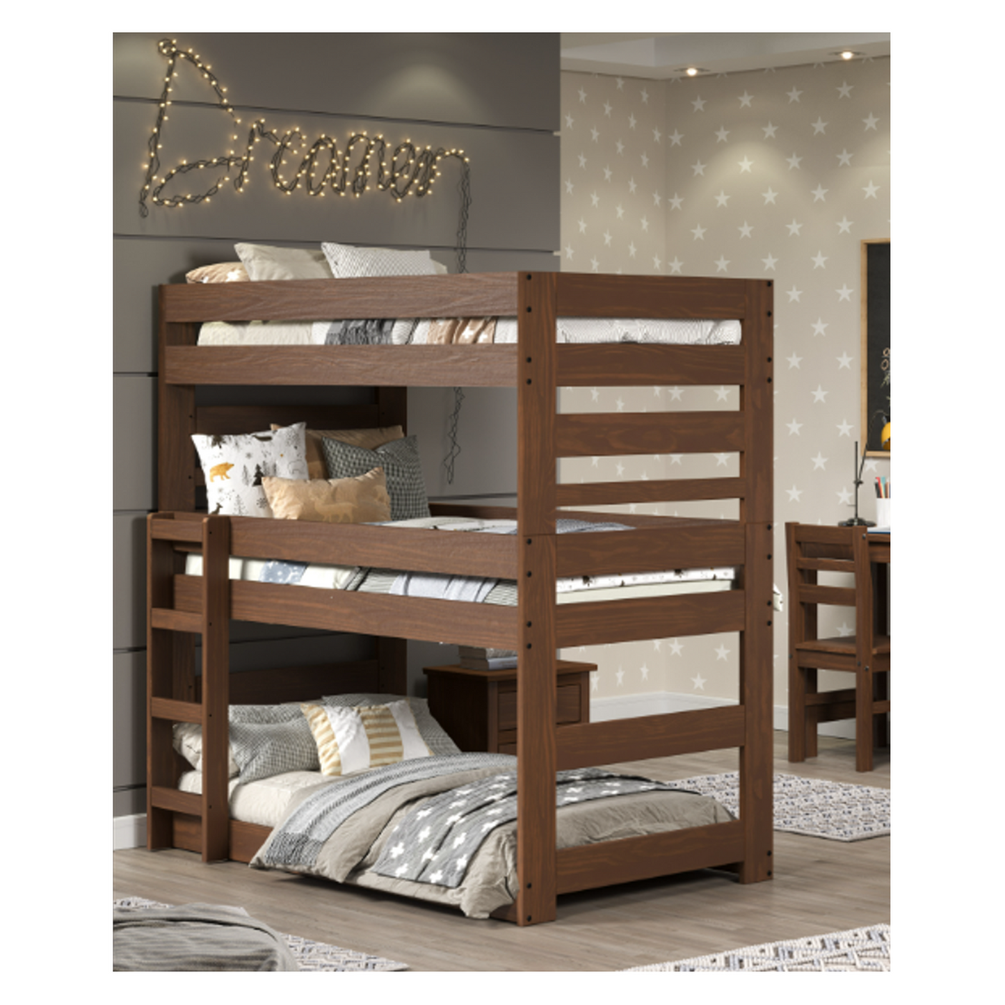 Lakehouse Triple Twin Stackable Bunk Bed, Mahogany Brown Finish, Constructed from Solid Pine Wood