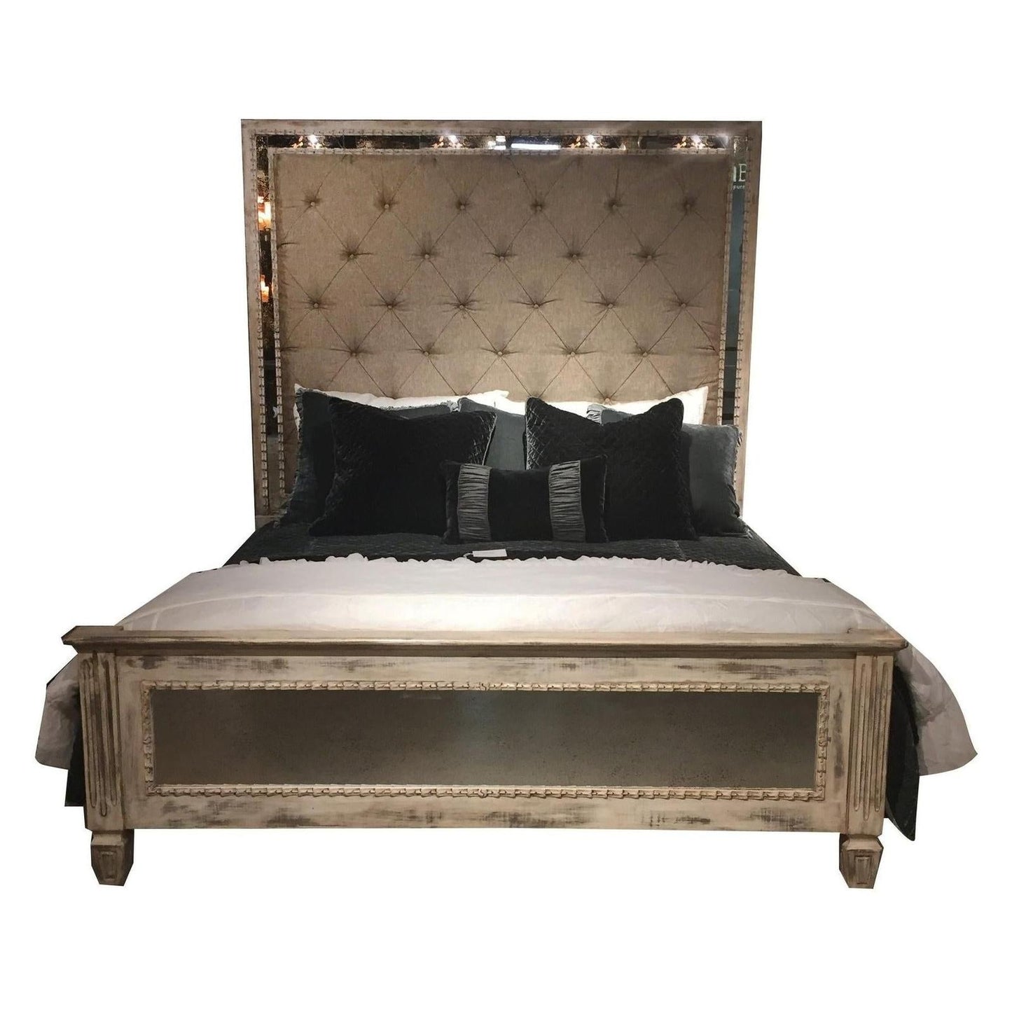 ISABELLE BED 87" Tall | Antique Mirror Details | Tufted Fabric Headboard | White Wood Frame | Bed Only | Includes Delivery and Assembly