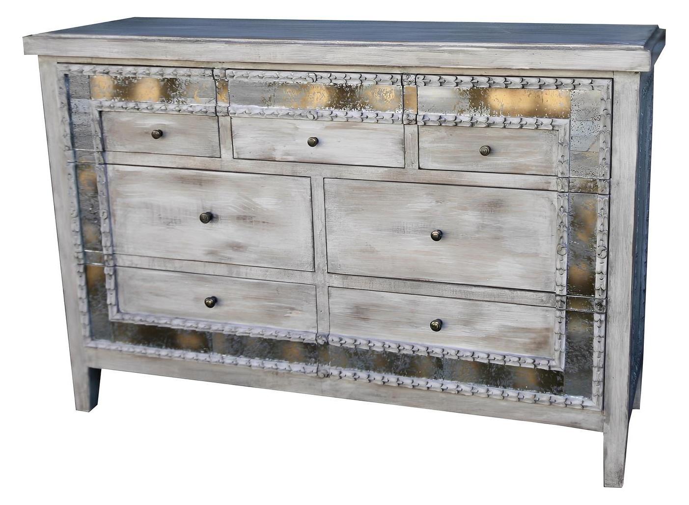 Isabelle Dresser, Weathered Gray, Distressed Finish With Mirrored Panels And Beaded Trim