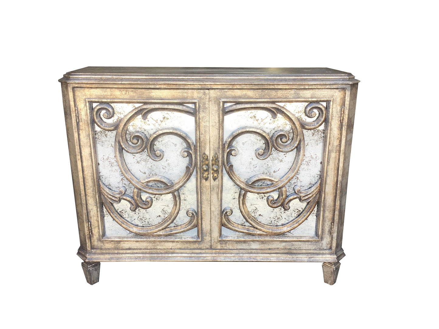Lannion Chest, Antique Gold, Distressed Metal Cabinet with Mirrored Panels and Ornate Scrollwork