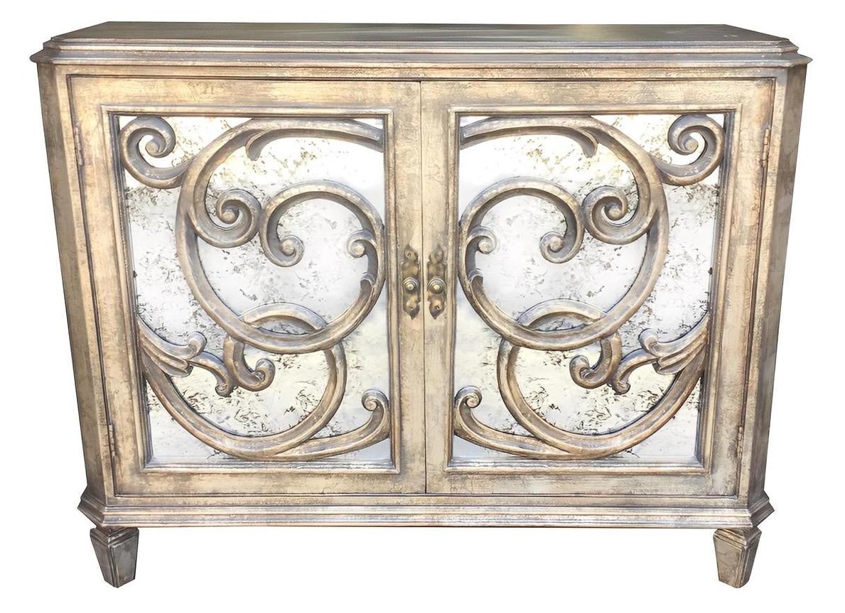 Lannion Chest, Antique Gold, Distressed Metal Cabinet with Mirrored Panels and Ornate Scrollwork