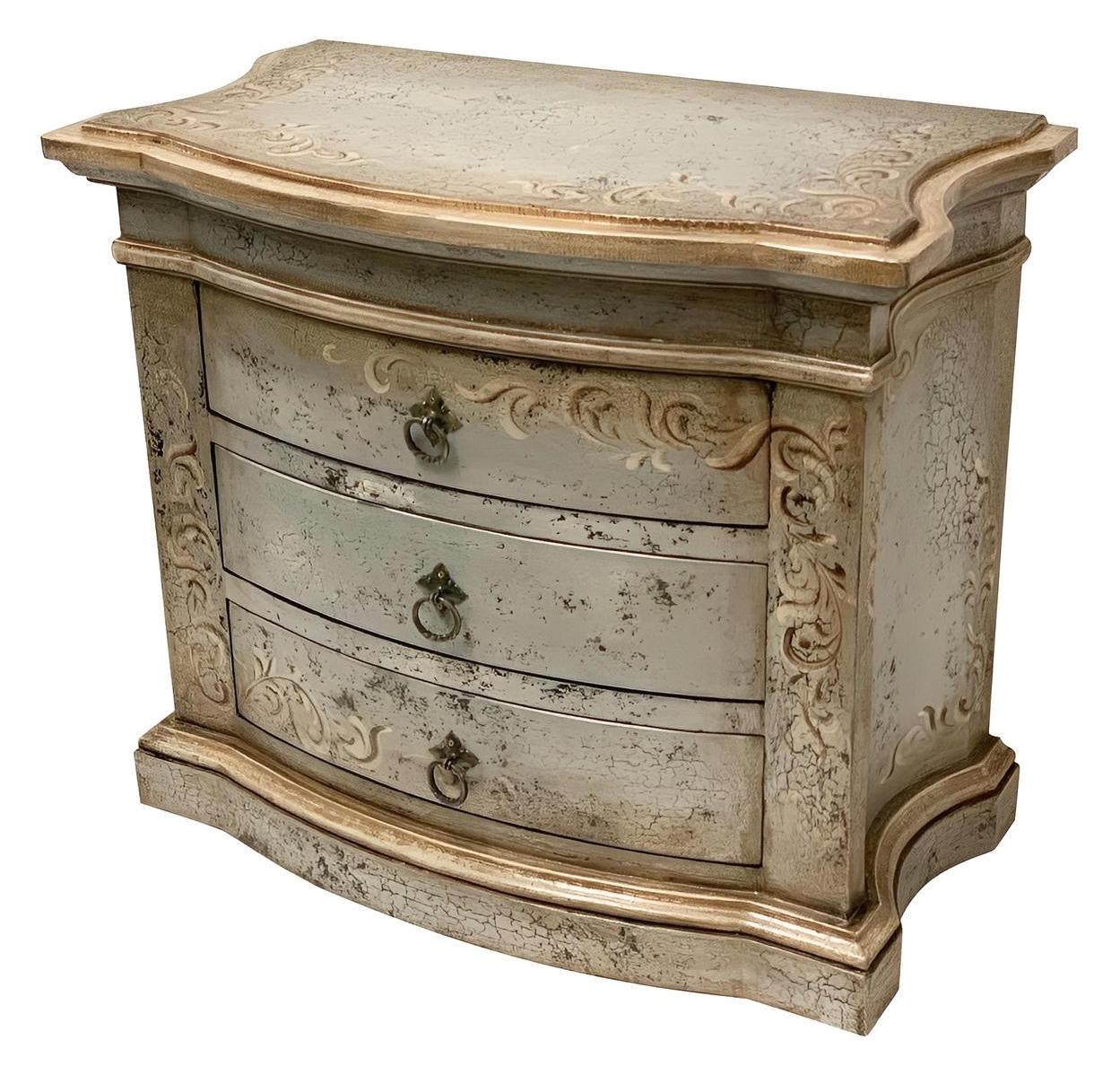 Meursault Nightstand, Distressed Silver Finish, Ornate Scrollwork and Curved Front Design